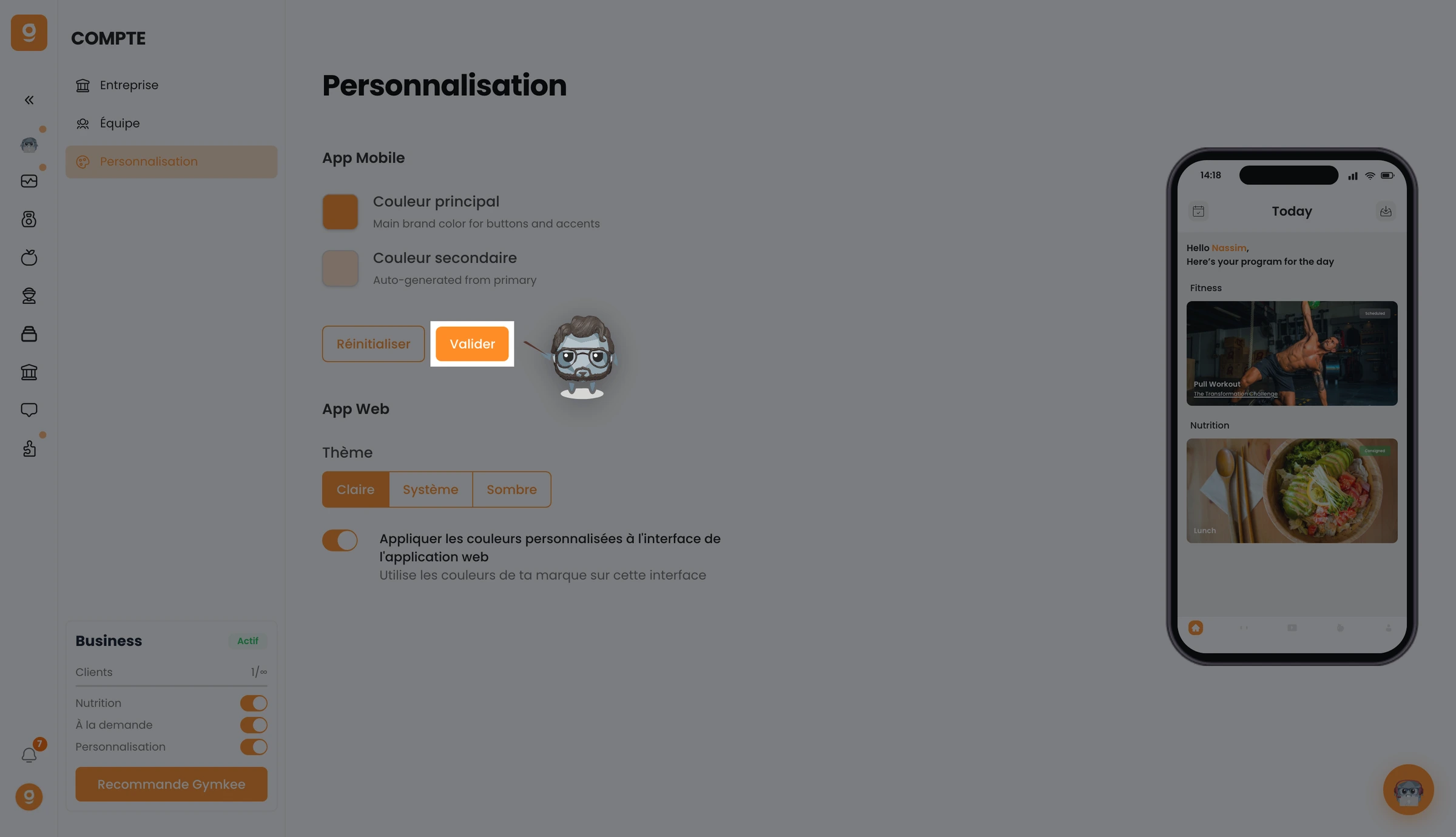 Personnaliser la couleur de son application Gymkee — screenshot 1