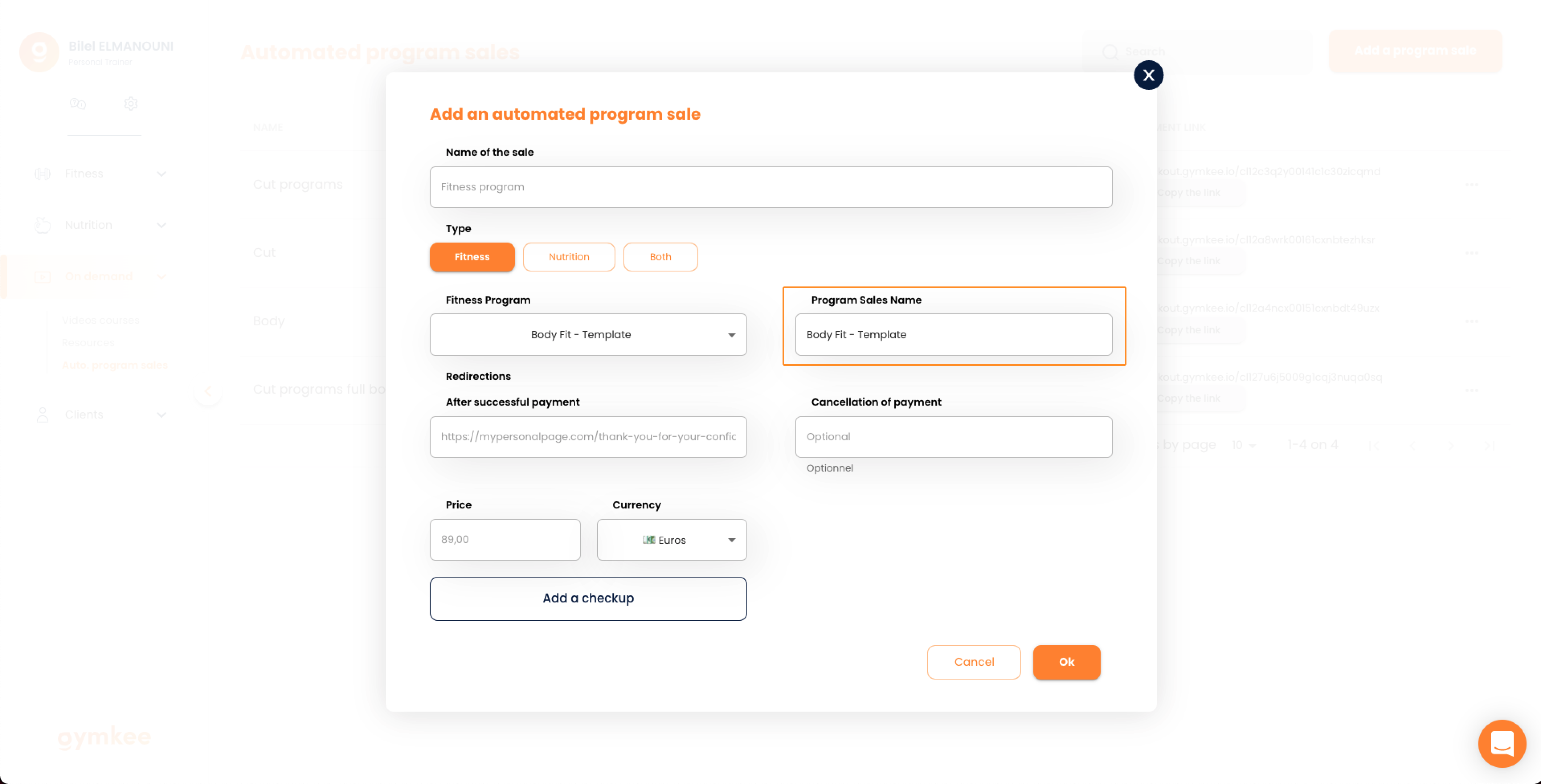 Vendere programmi automatici su Gymkee — screenshot 6