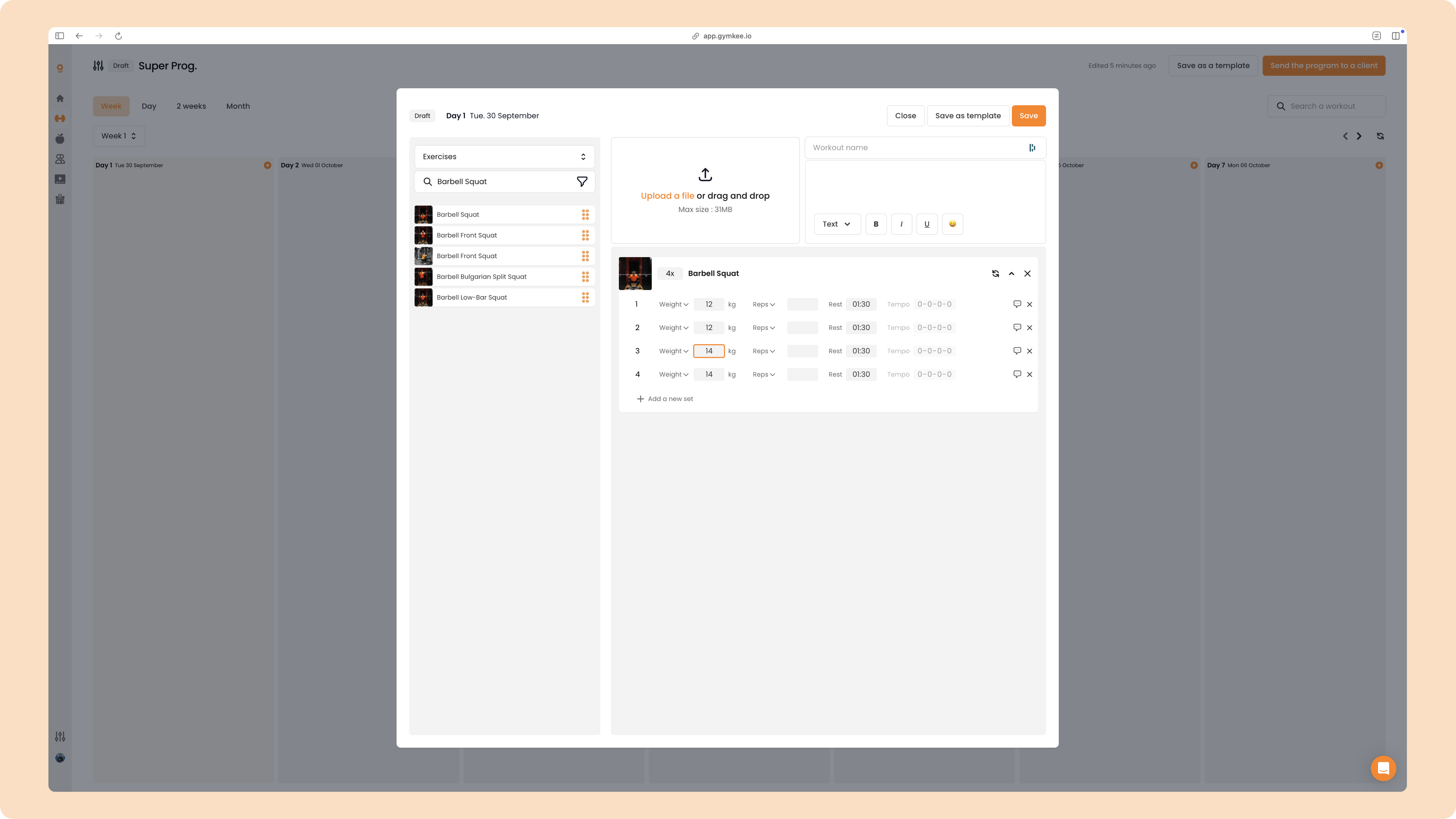 Het Gymkee cascade-effect in de workout programmabuilder — screenshot 3