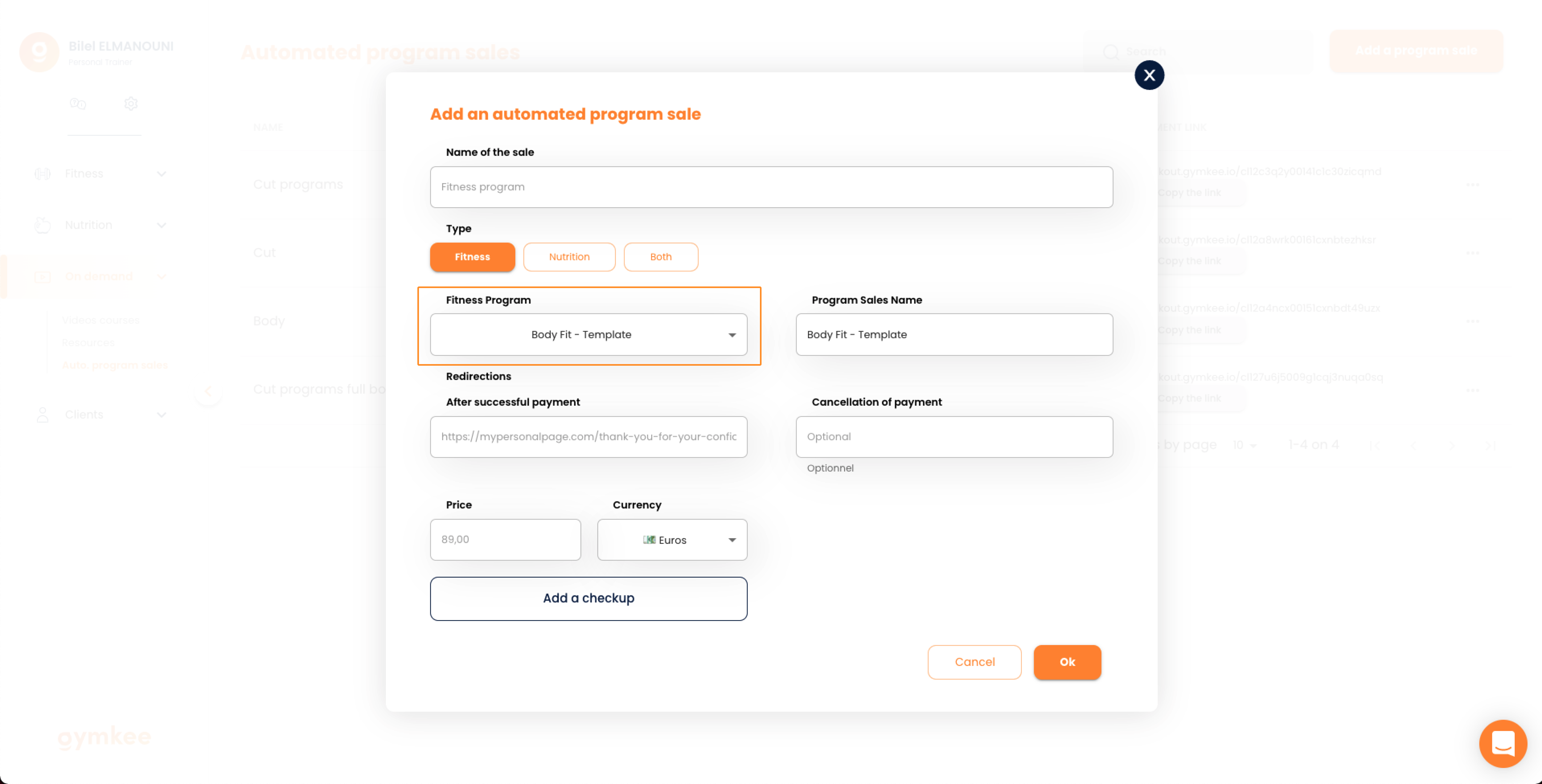 Vendere programmi automatici su Gymkee — screenshot 5