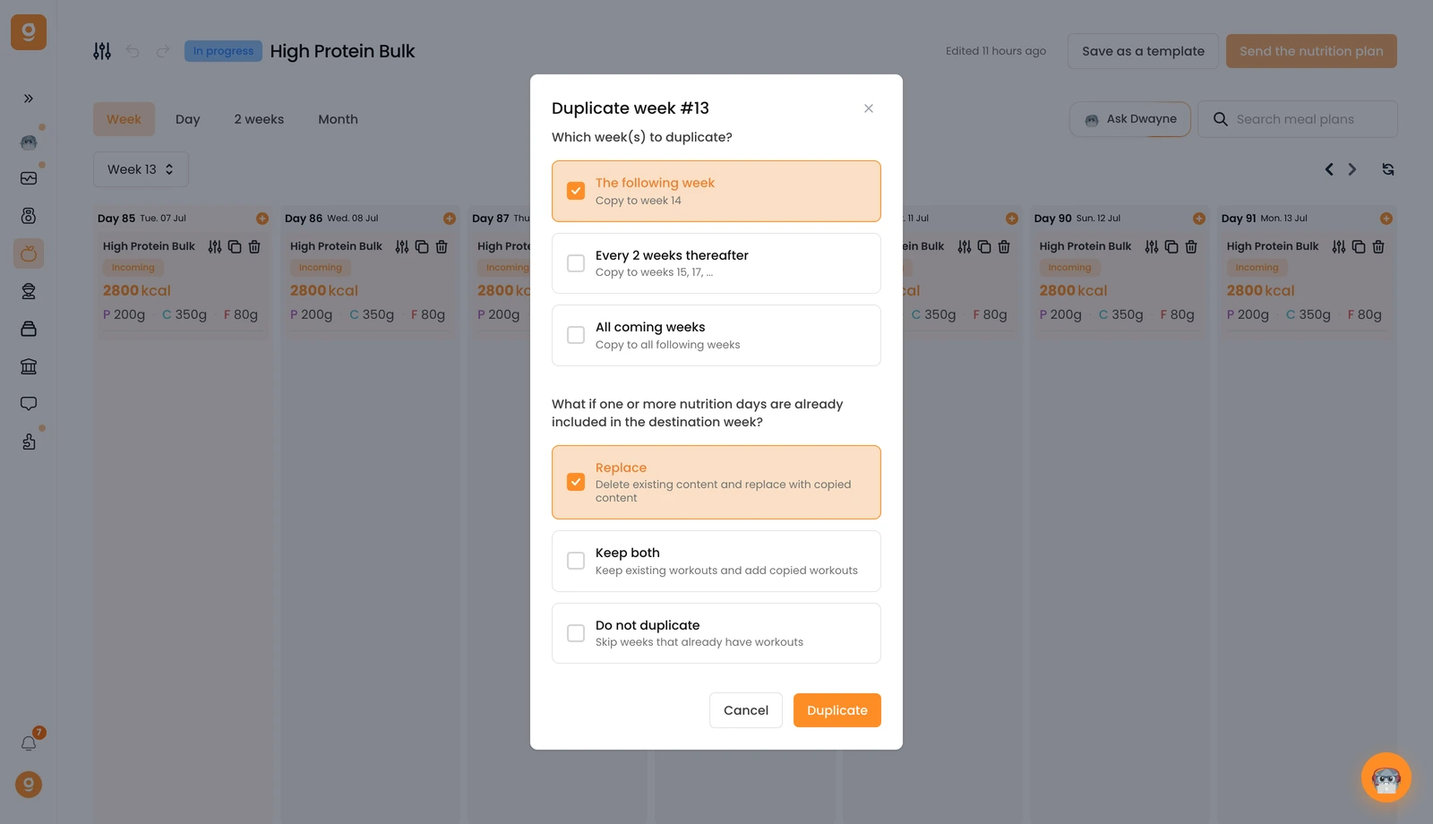 Een week van het Voedingsplan dupliceren naar meerdere weken van het programma in 2 klikken — screenshot 2