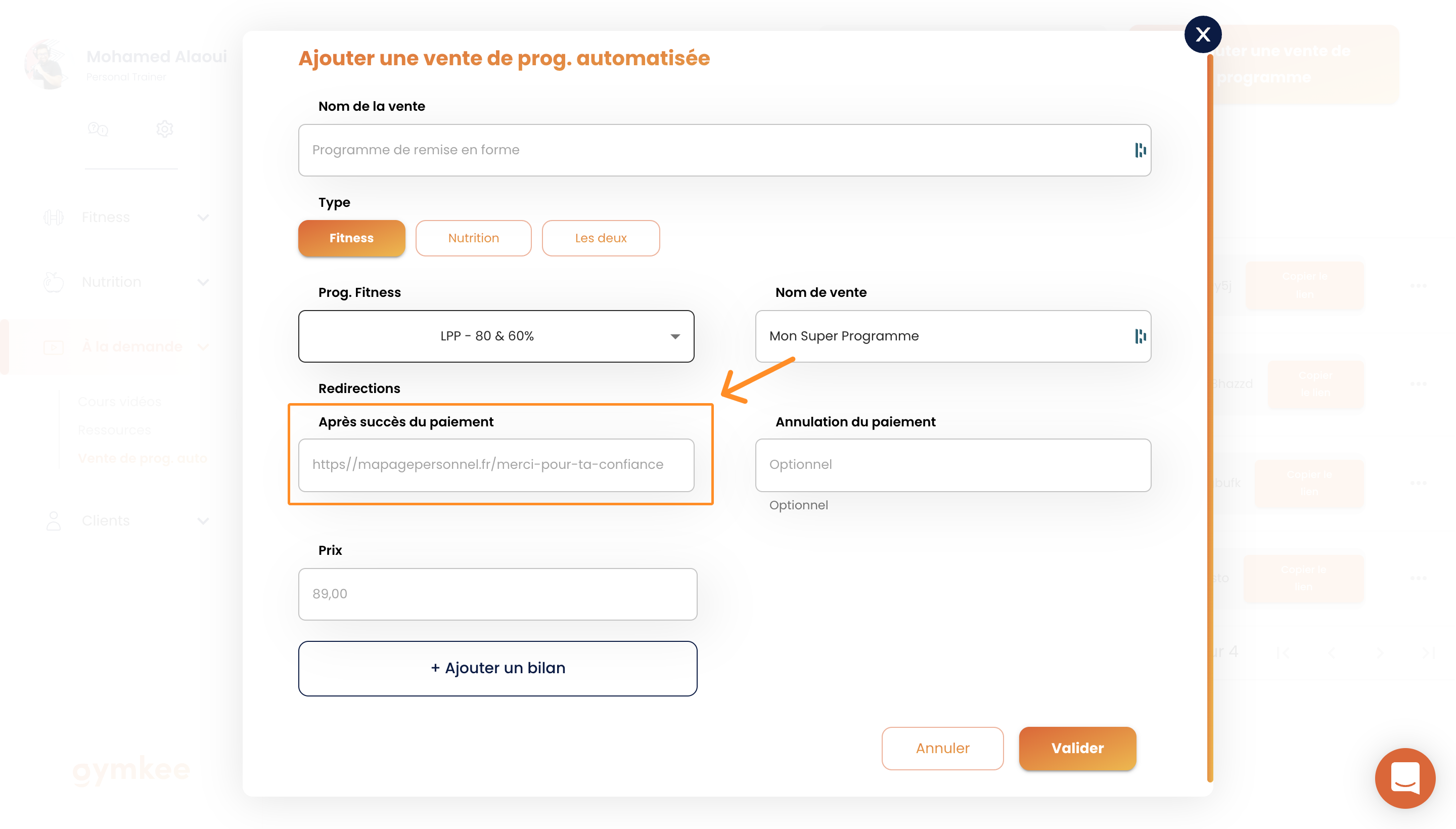 Vendre des programmes en automatique sur Gymkee — screenshot 7