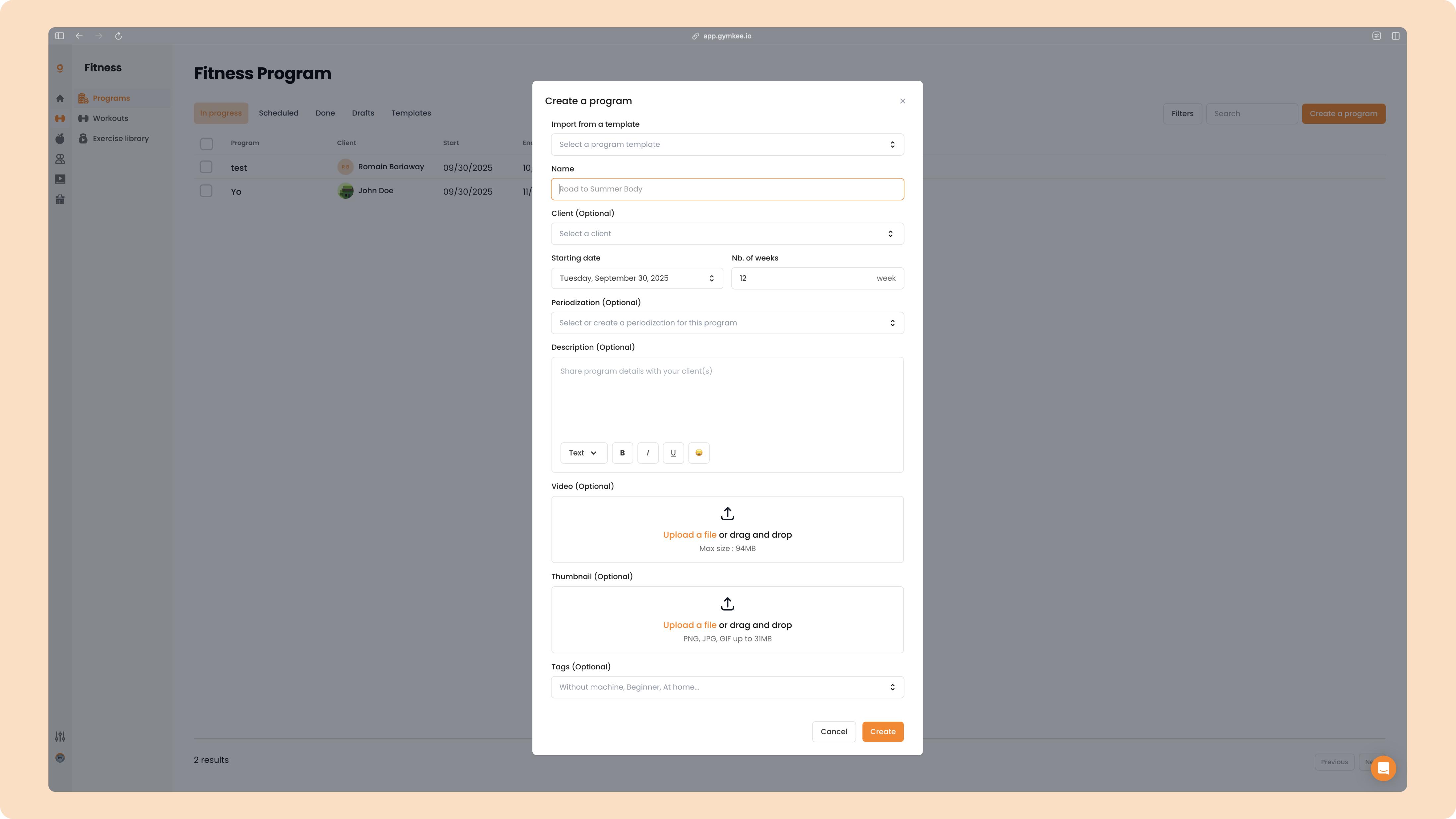 Créer un programme sportif sur Gymkee — screenshot 1