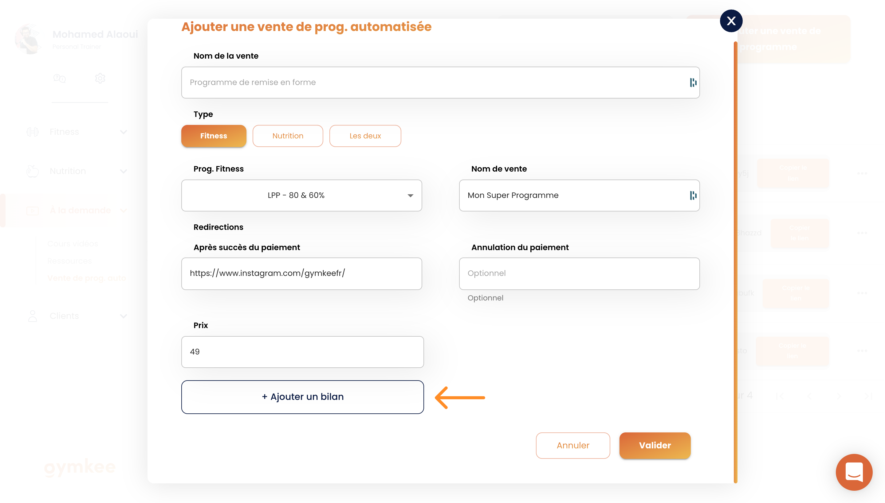 Vendre des programmes en automatique sur Gymkee — screenshot 10