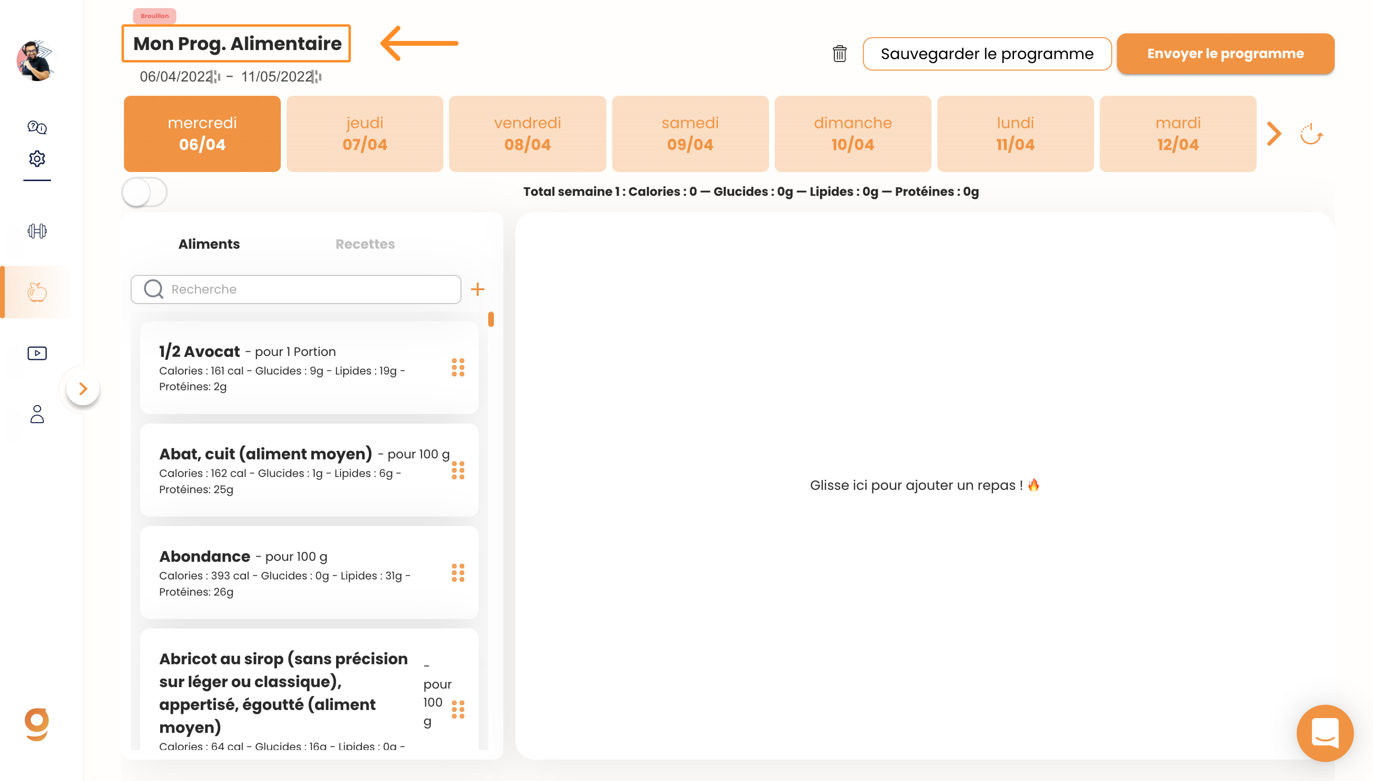 Créer un programme alimentaire sur Gymkee — screenshot 5