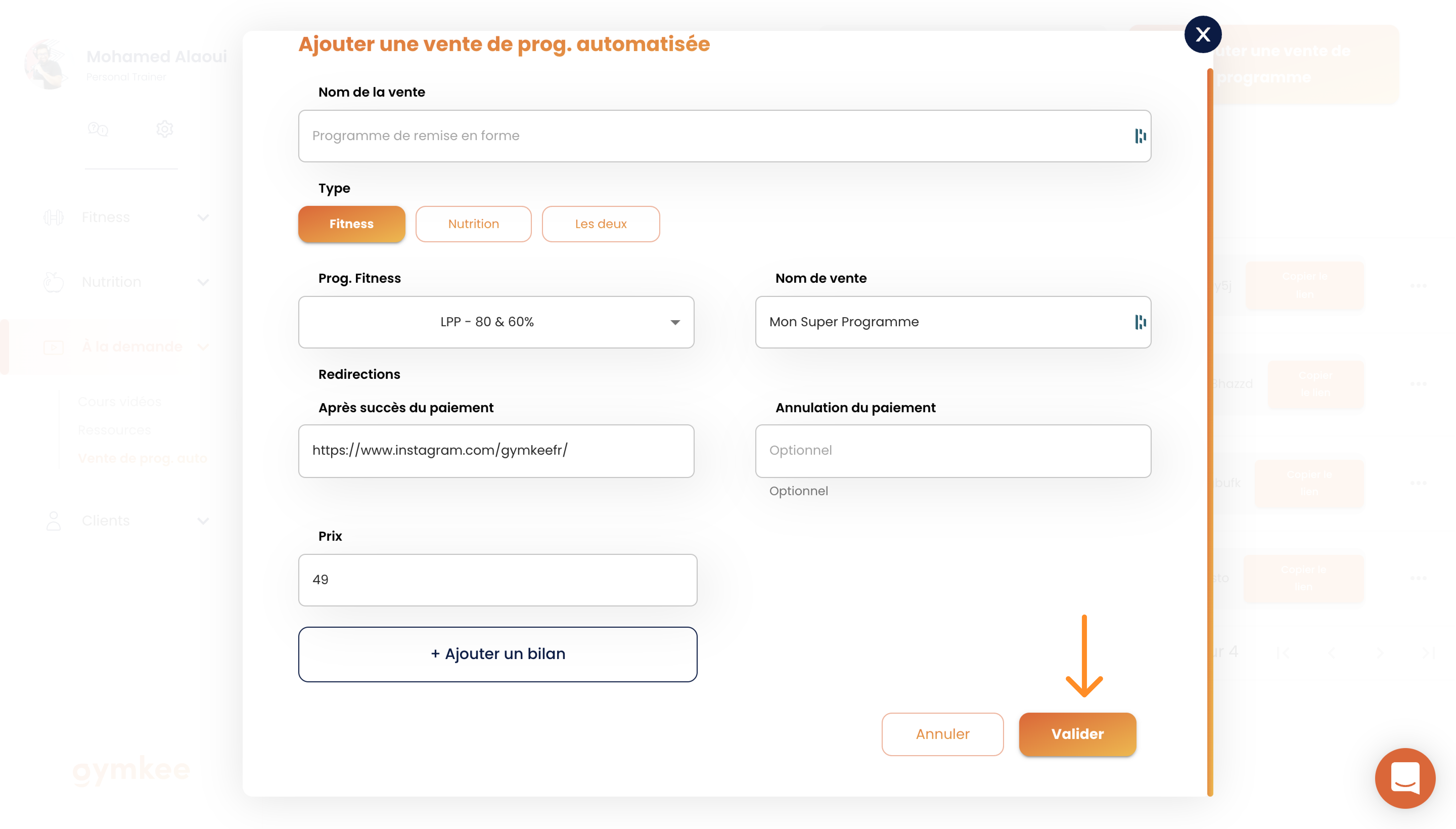 Vendre des programmes en automatique sur Gymkee — screenshot 11