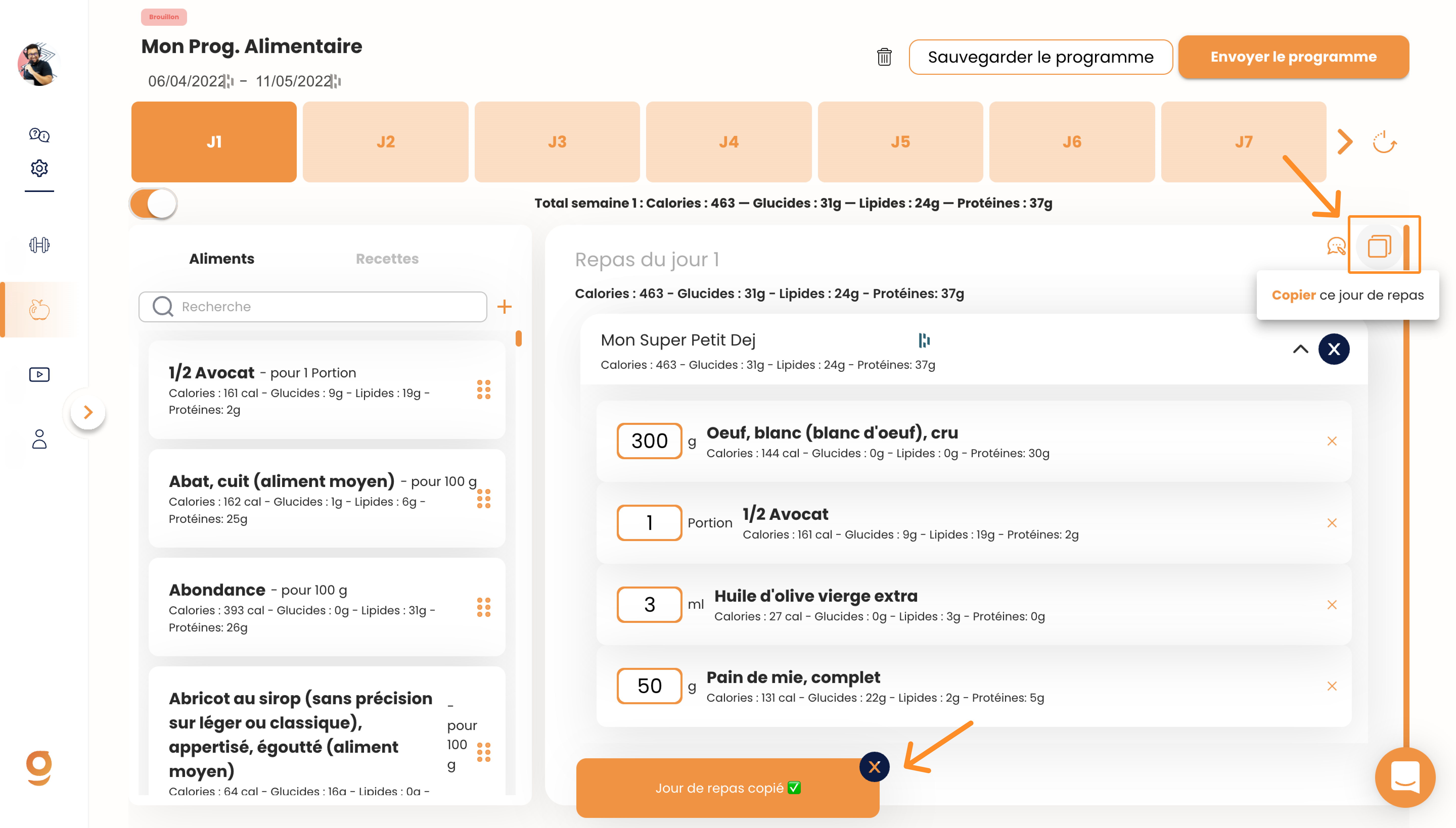 Créer un programme alimentaire sur Gymkee — screenshot 16