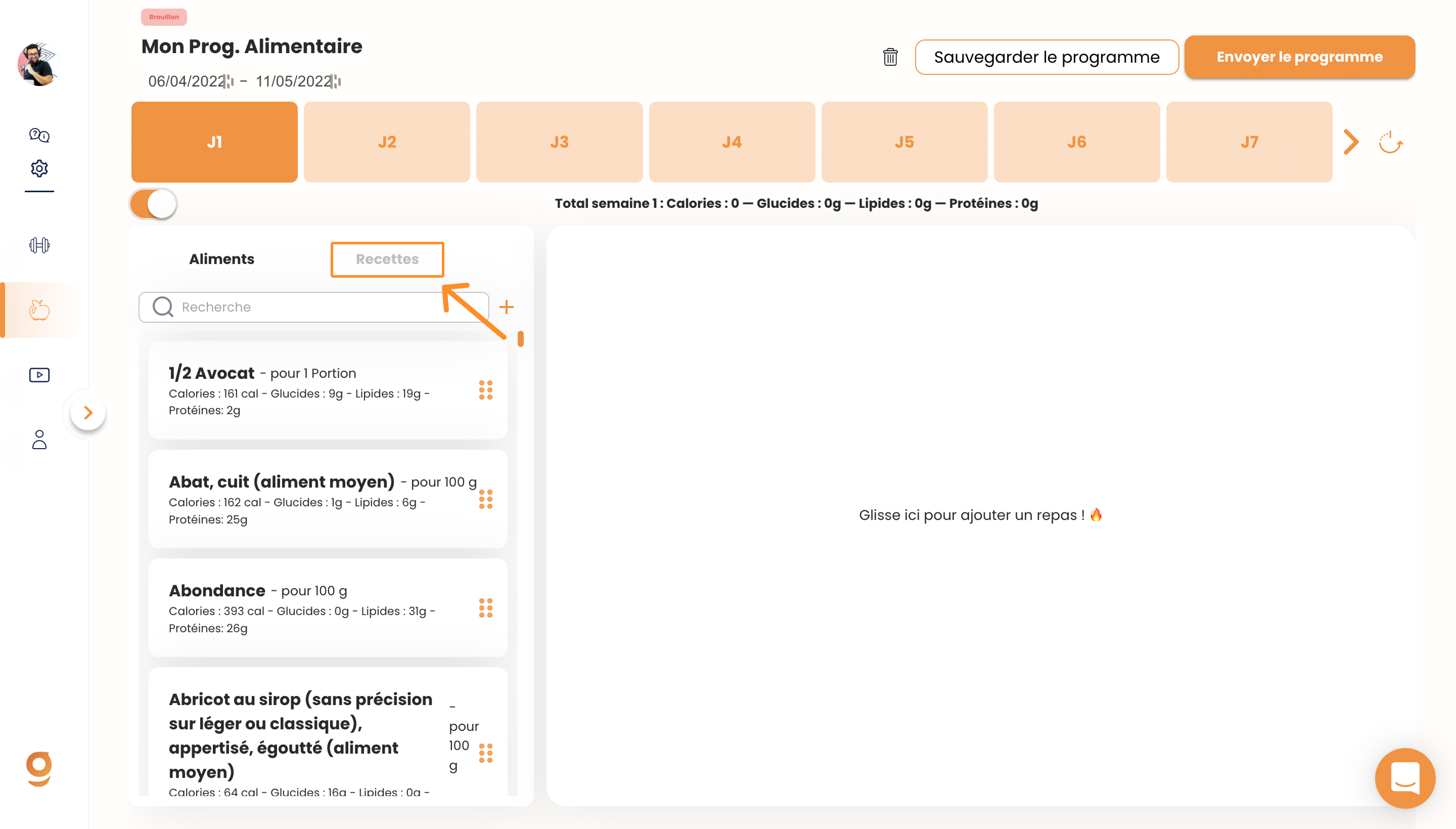 Créer un programme alimentaire sur Gymkee — screenshot 11