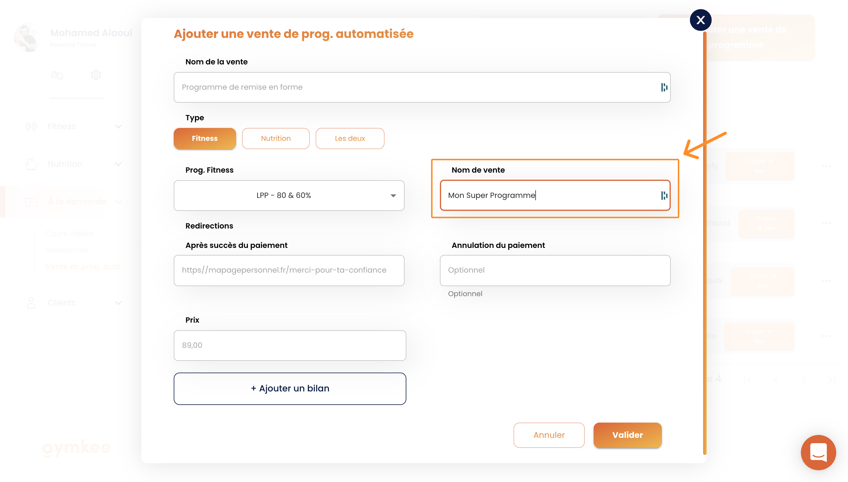 Vendre des programmes en automatique sur Gymkee — screenshot 6