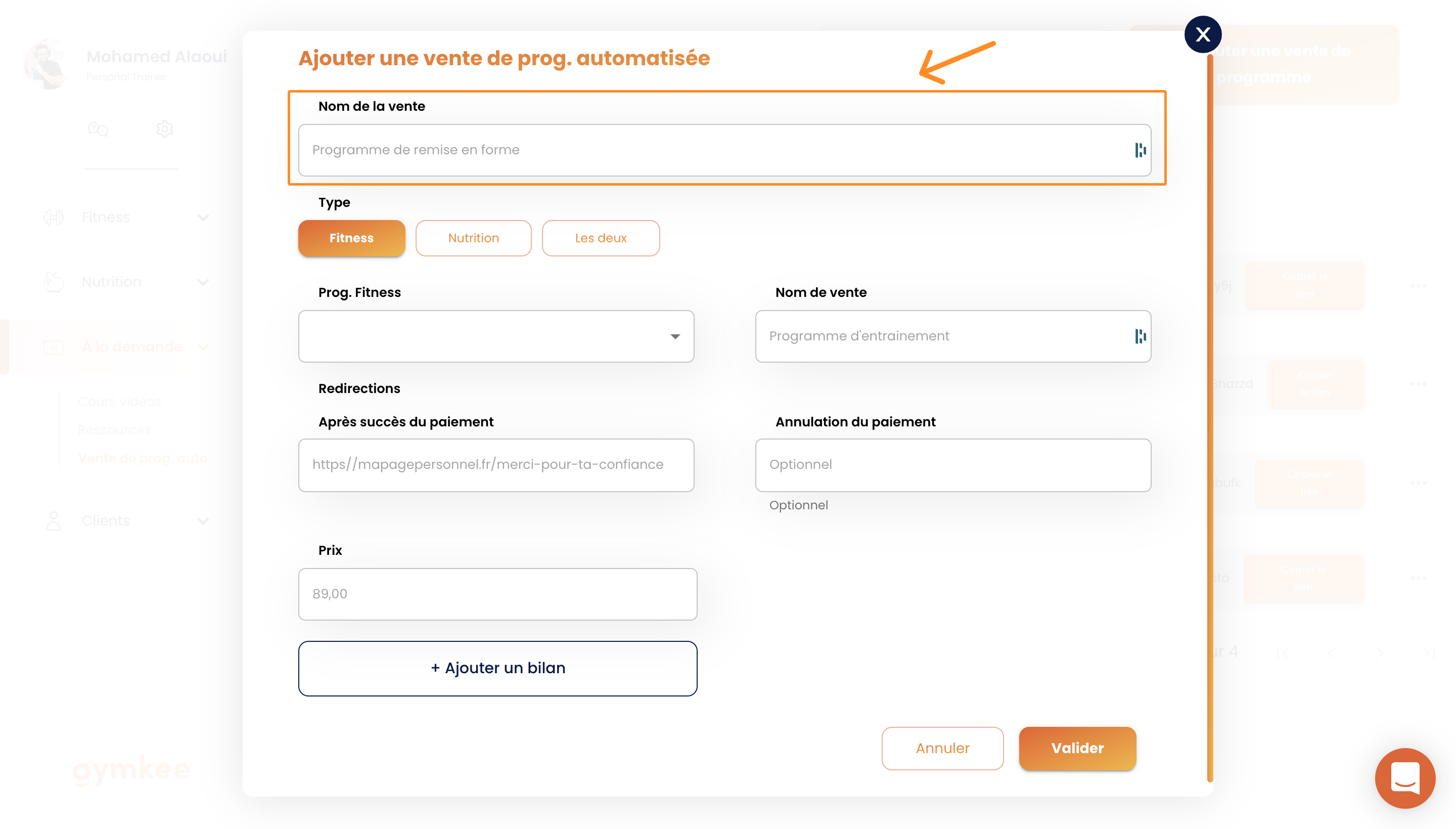 Vendre des programmes en automatique sur Gymkee — screenshot 3