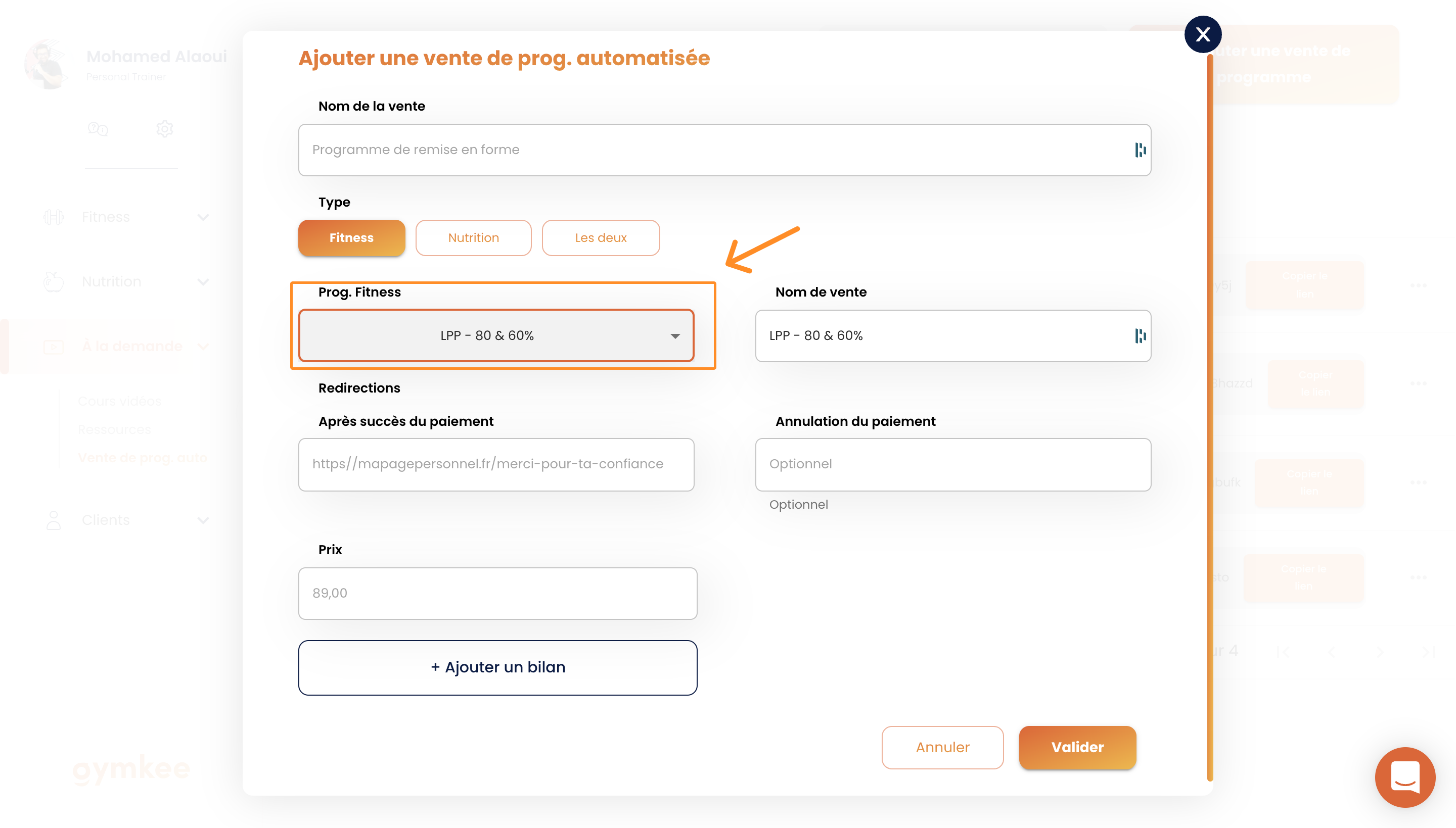 Vendre des programmes en automatique sur Gymkee — screenshot 5