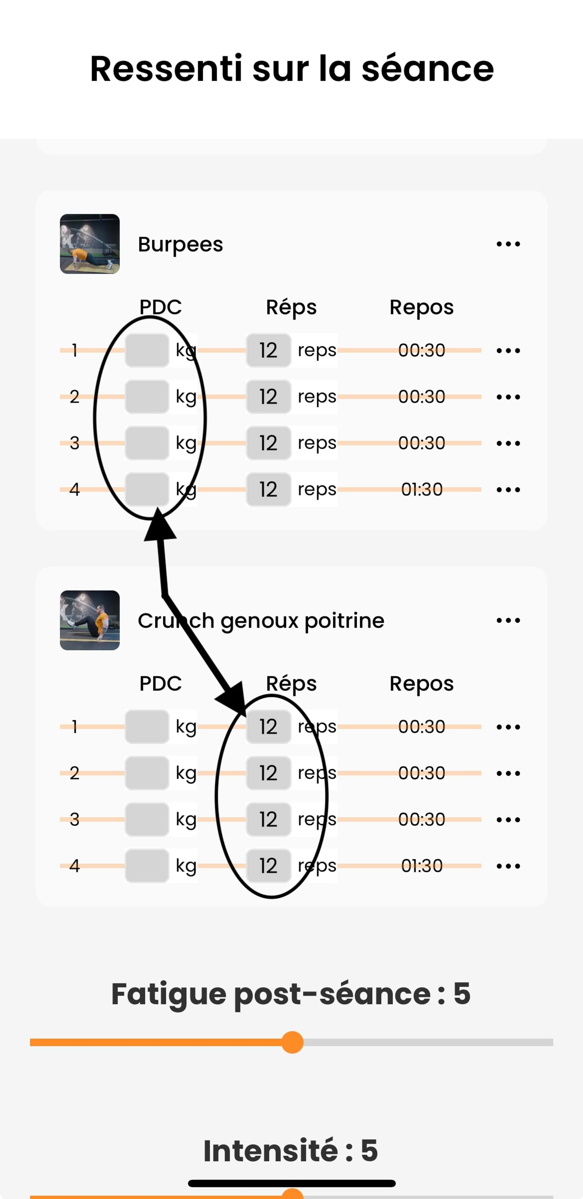 Comment modifier et/ou ajouter charges et/ou répétition à la fin de ta séance ? — screenshot 1