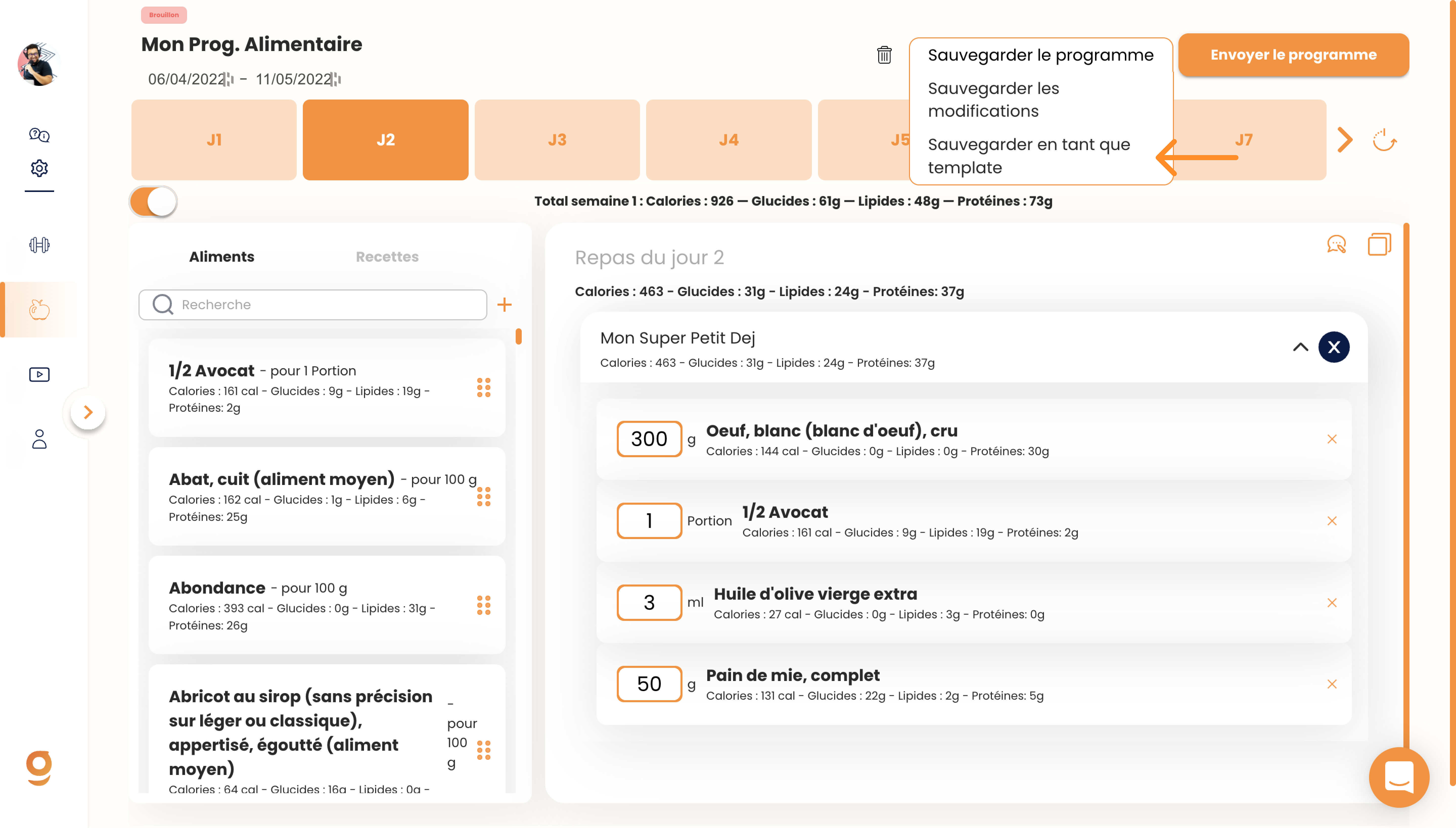 Créer un programme alimentaire sur Gymkee — screenshot 20
