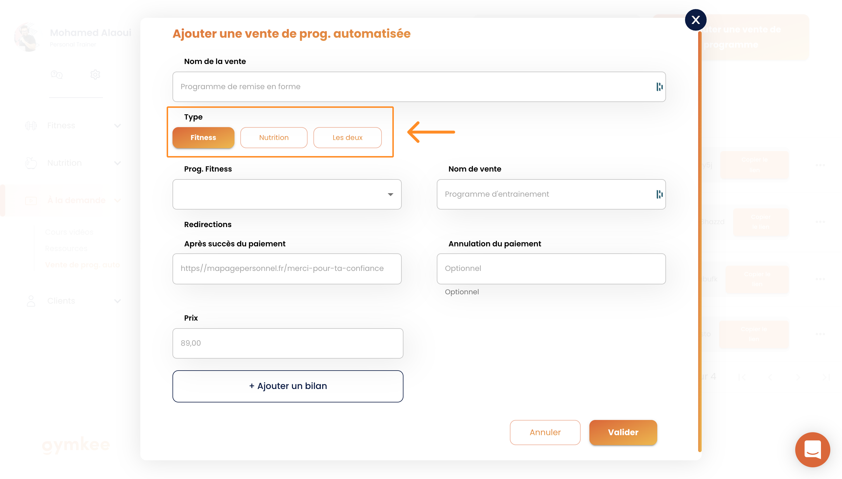 Vendre des programmes en automatique sur Gymkee — screenshot 4