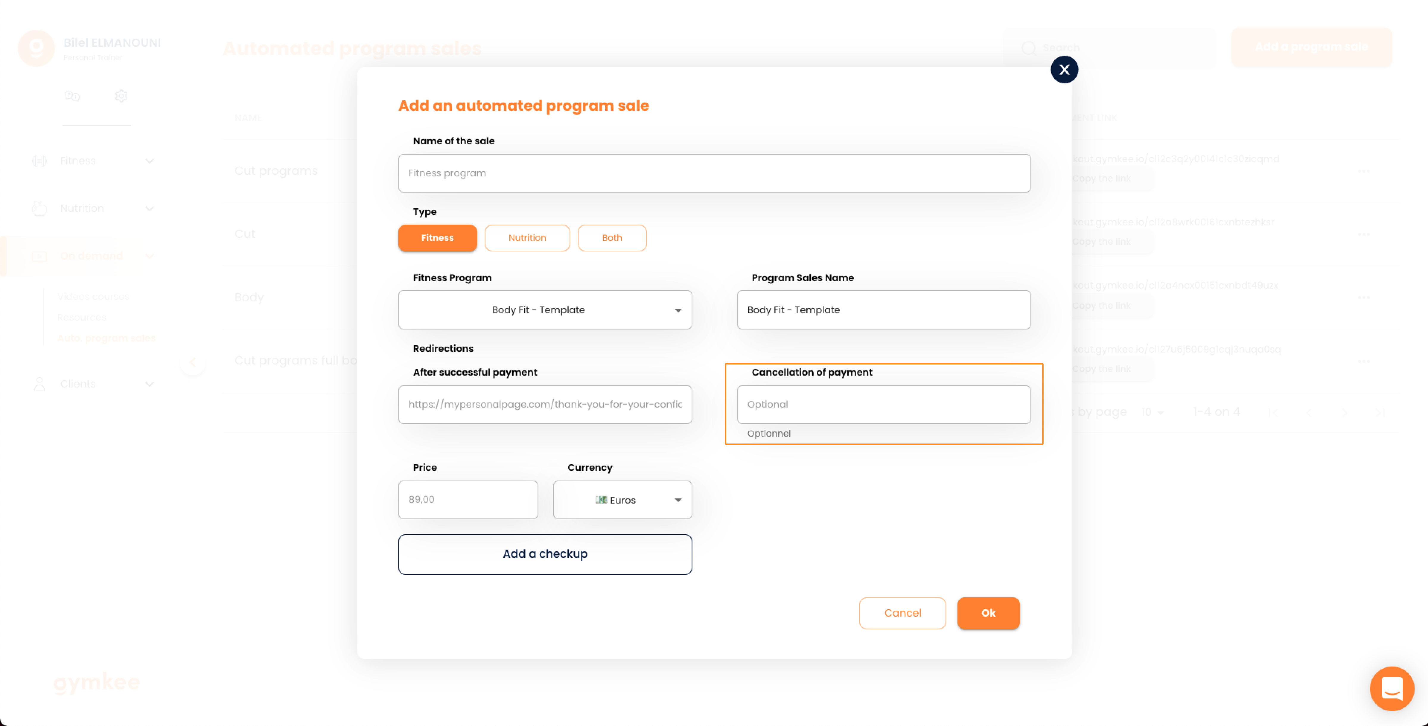 Vendere programmi automatici su Gymkee — screenshot 8
