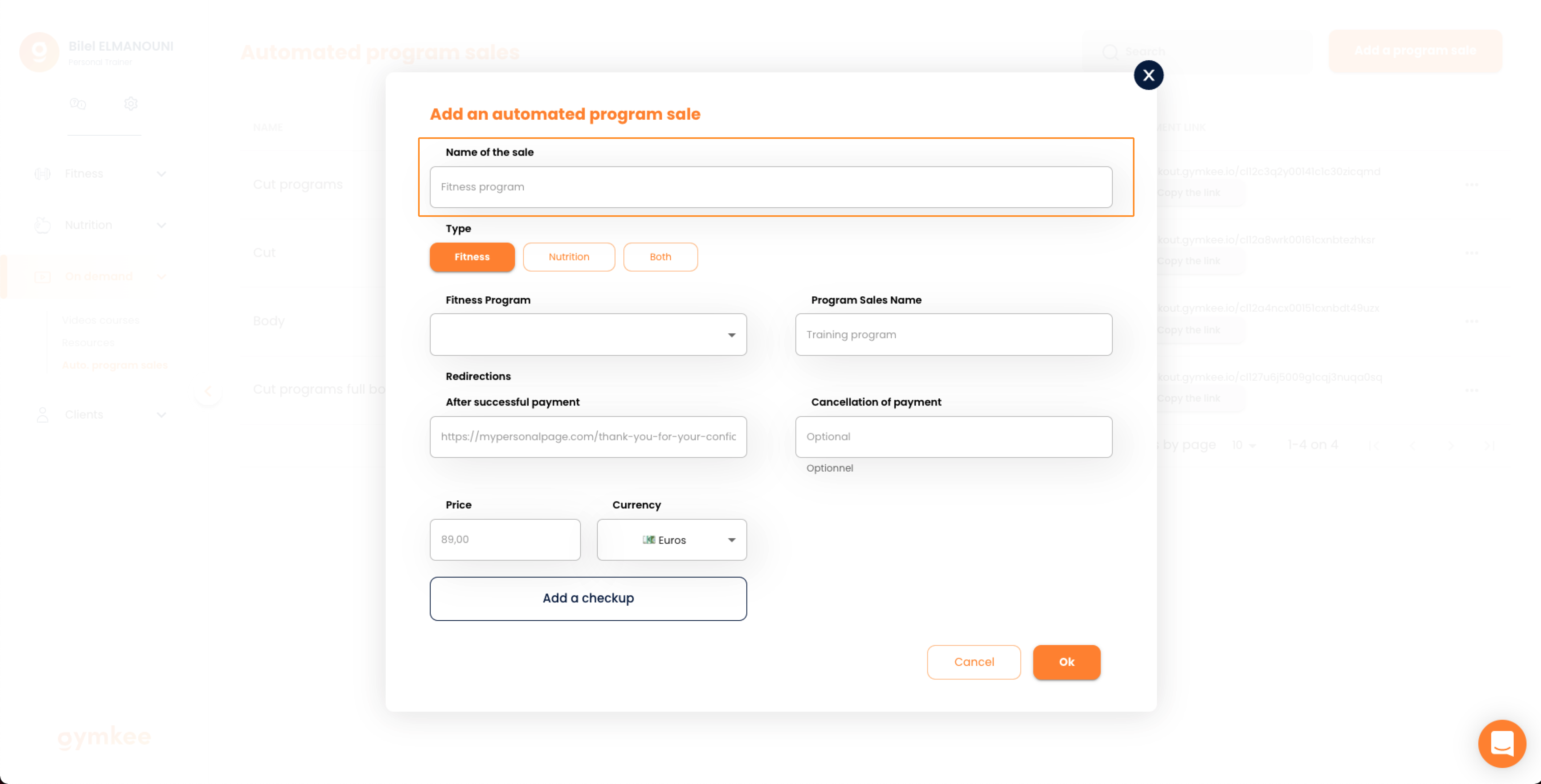 Vendere programmi automatici su Gymkee — screenshot 3
