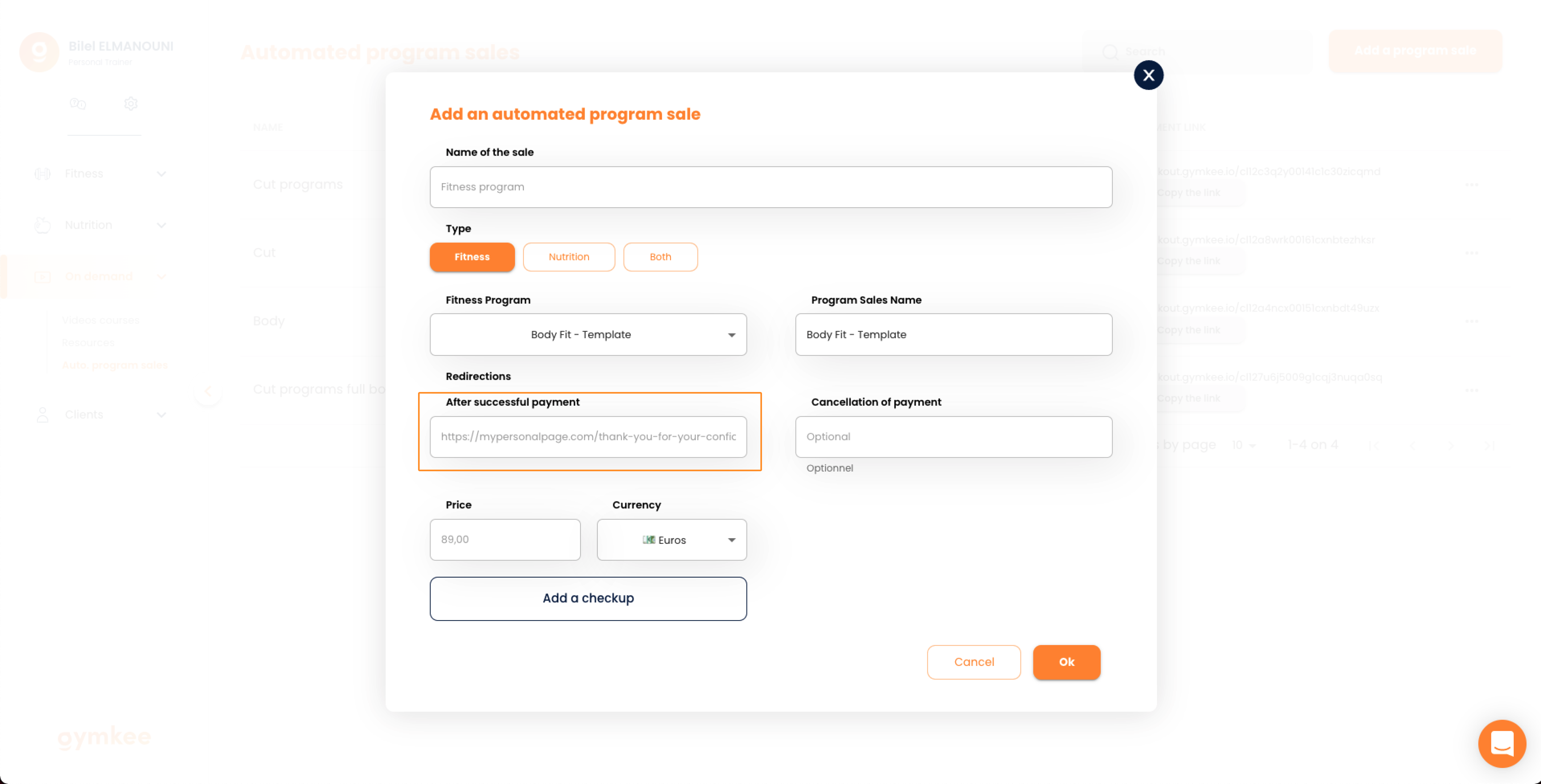 Vendere programmi automatici su Gymkee — screenshot 7
