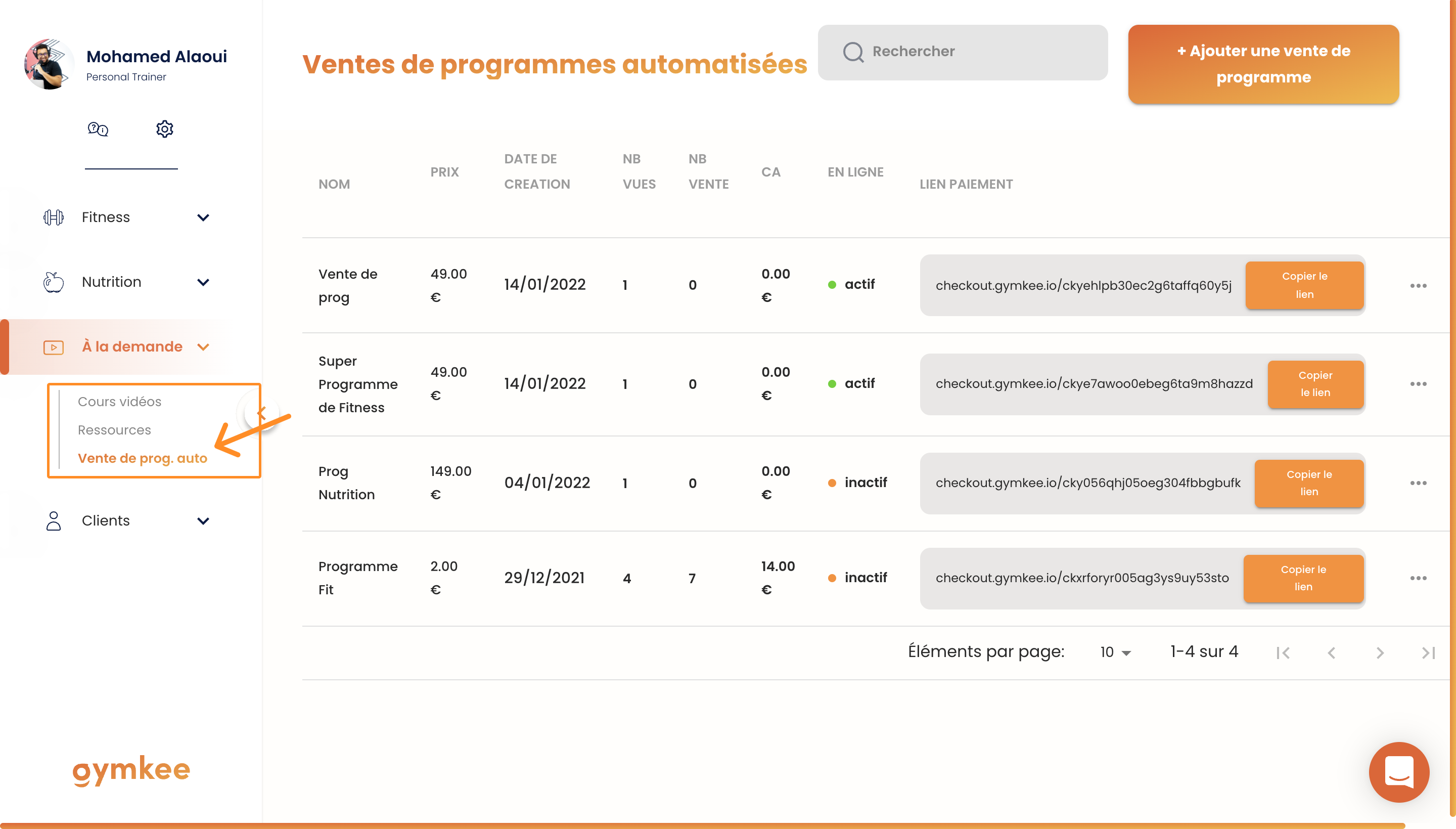Vendre des programmes en automatique sur Gymkee — screenshot 1