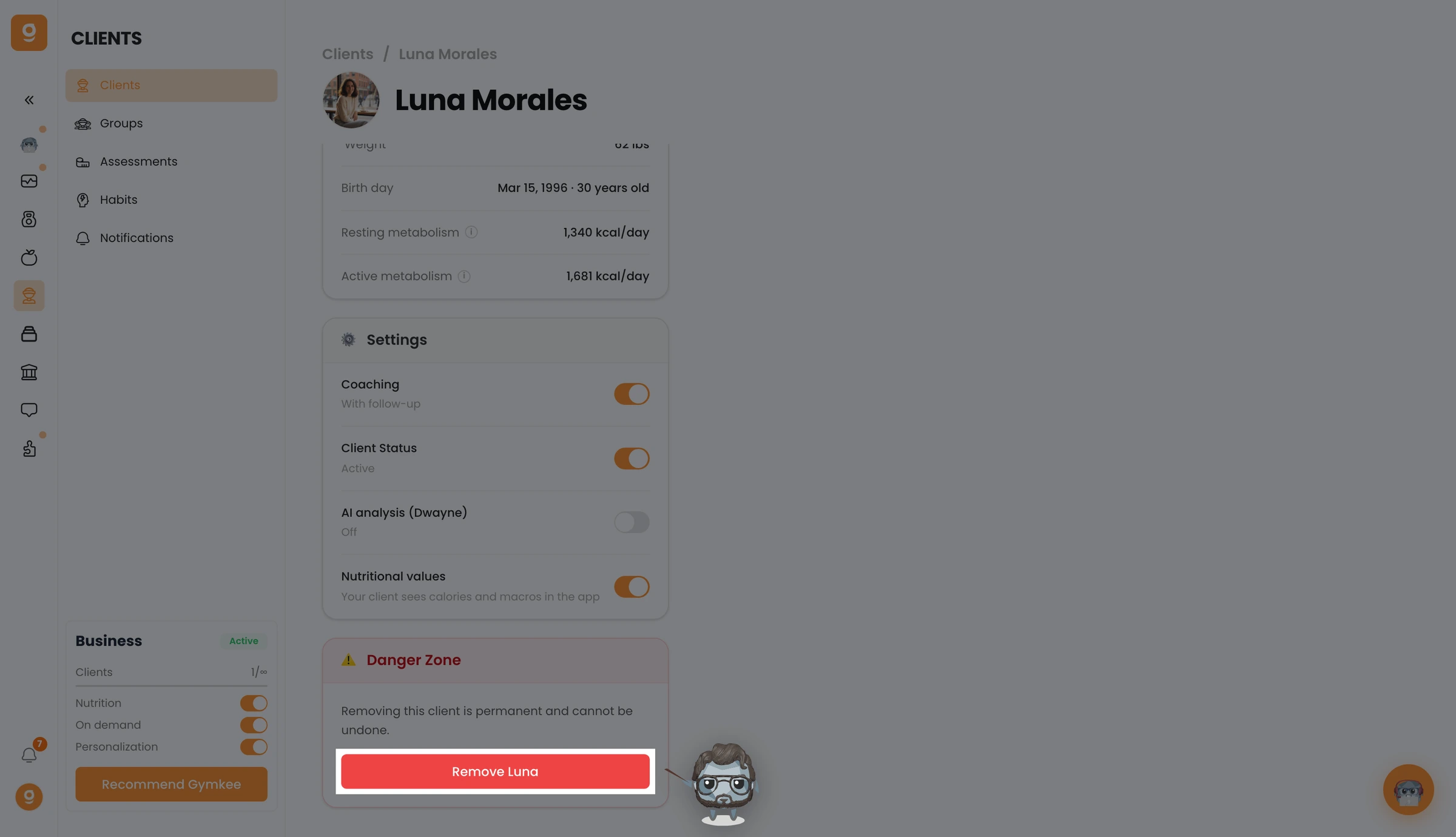 Rimuovere un cliente — screenshot 2
