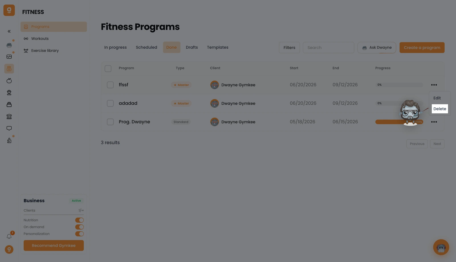 Delete a fitness program — screenshot 2