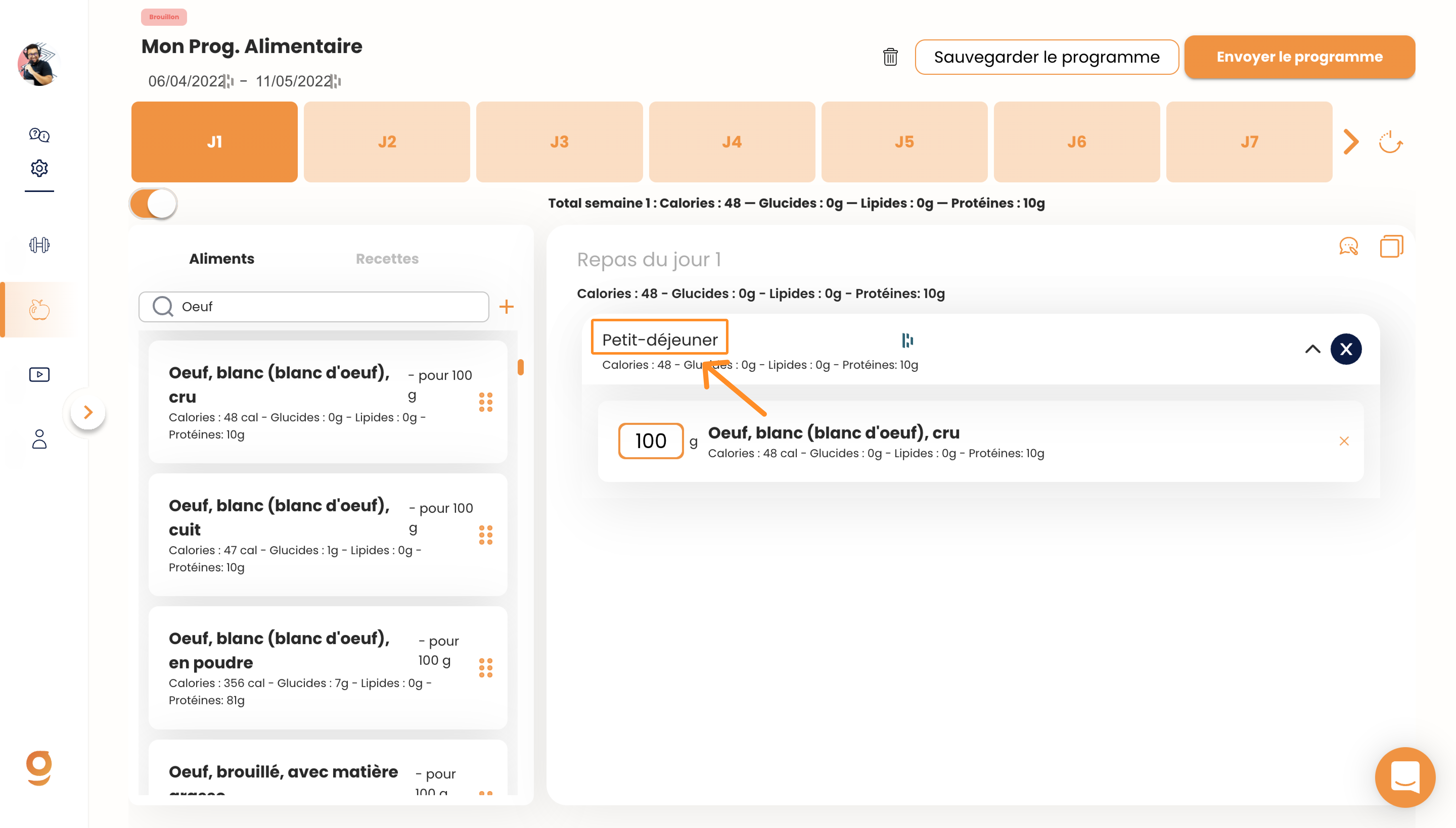 Créer un programme alimentaire sur Gymkee — screenshot 13