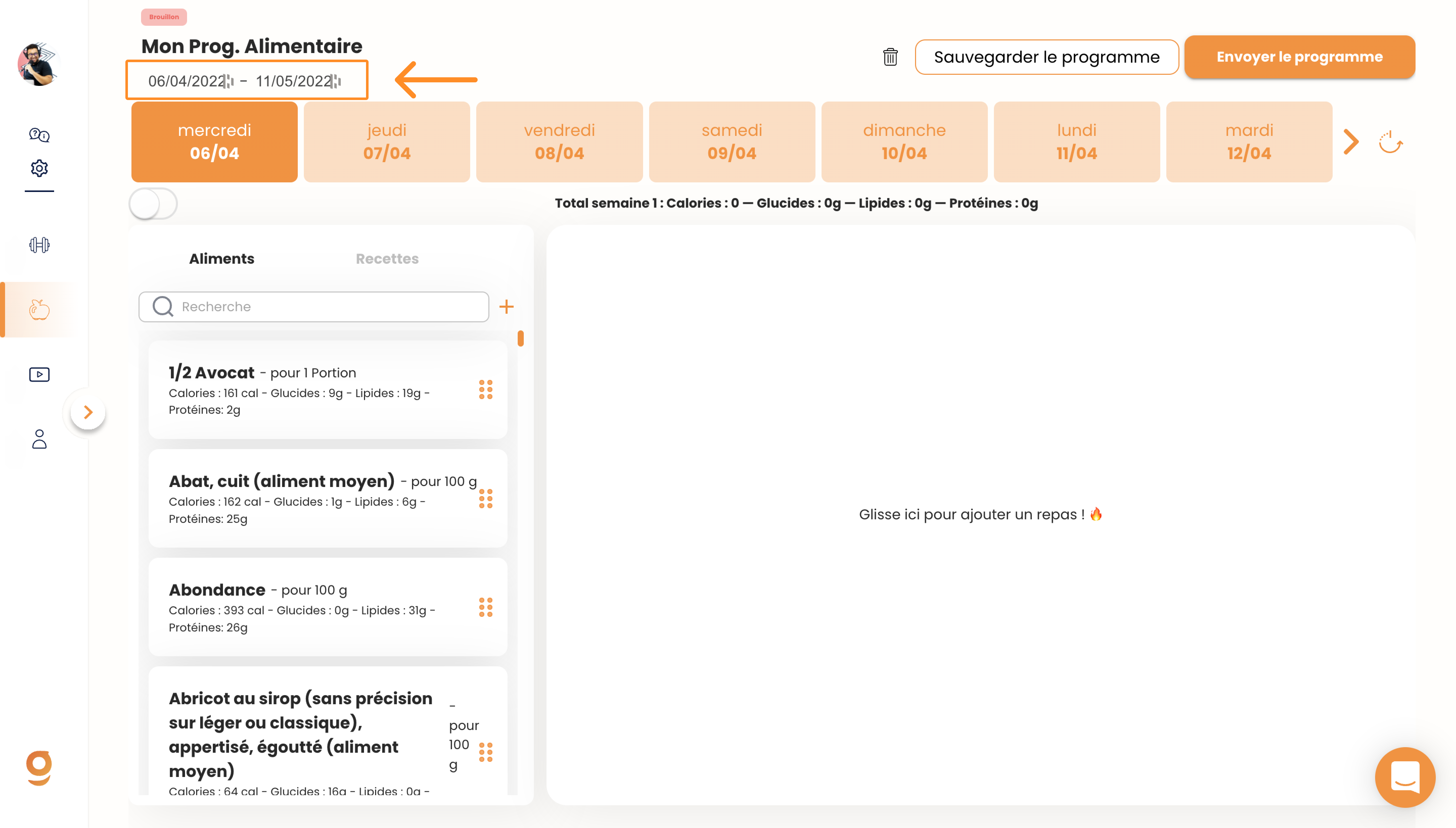 Créer un programme alimentaire sur Gymkee — screenshot 6
