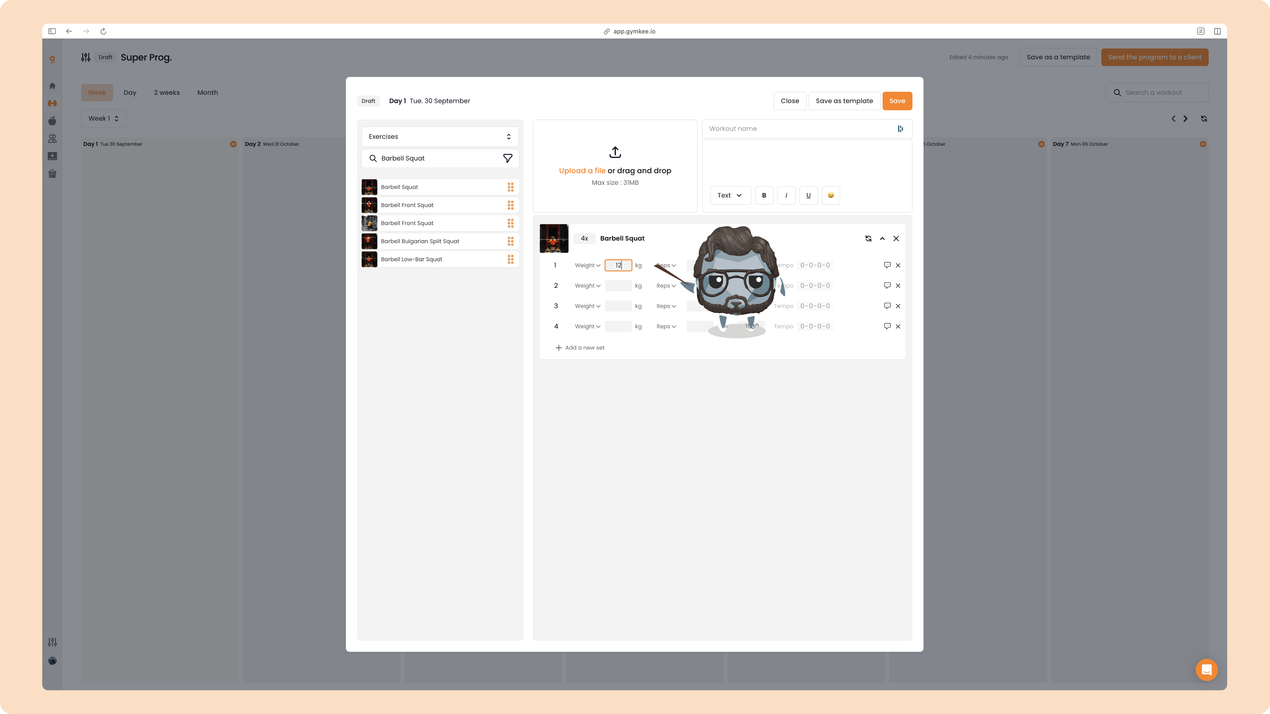 Het Gymkee cascade-effect in de workout programmabuilder — screenshot 1