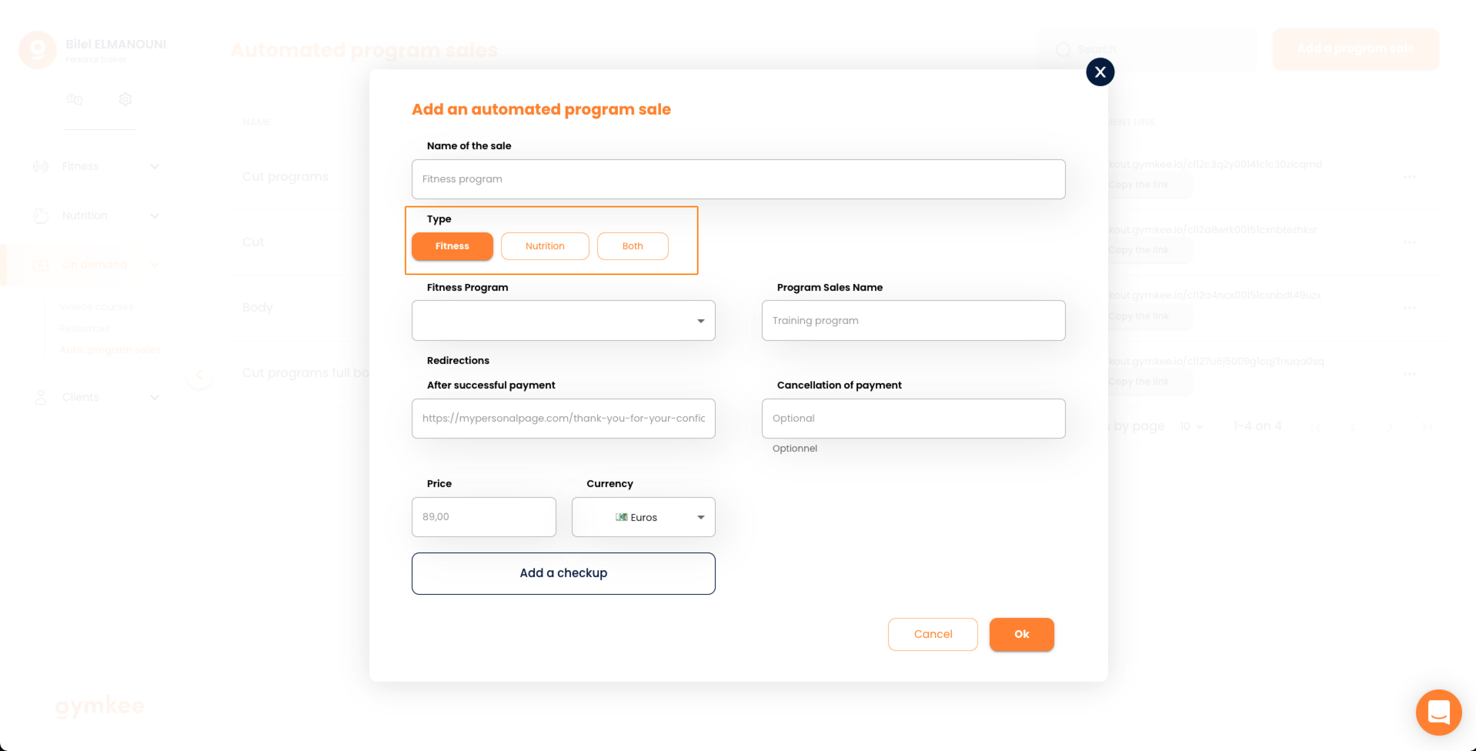 Vendere programmi automatici su Gymkee — screenshot 4