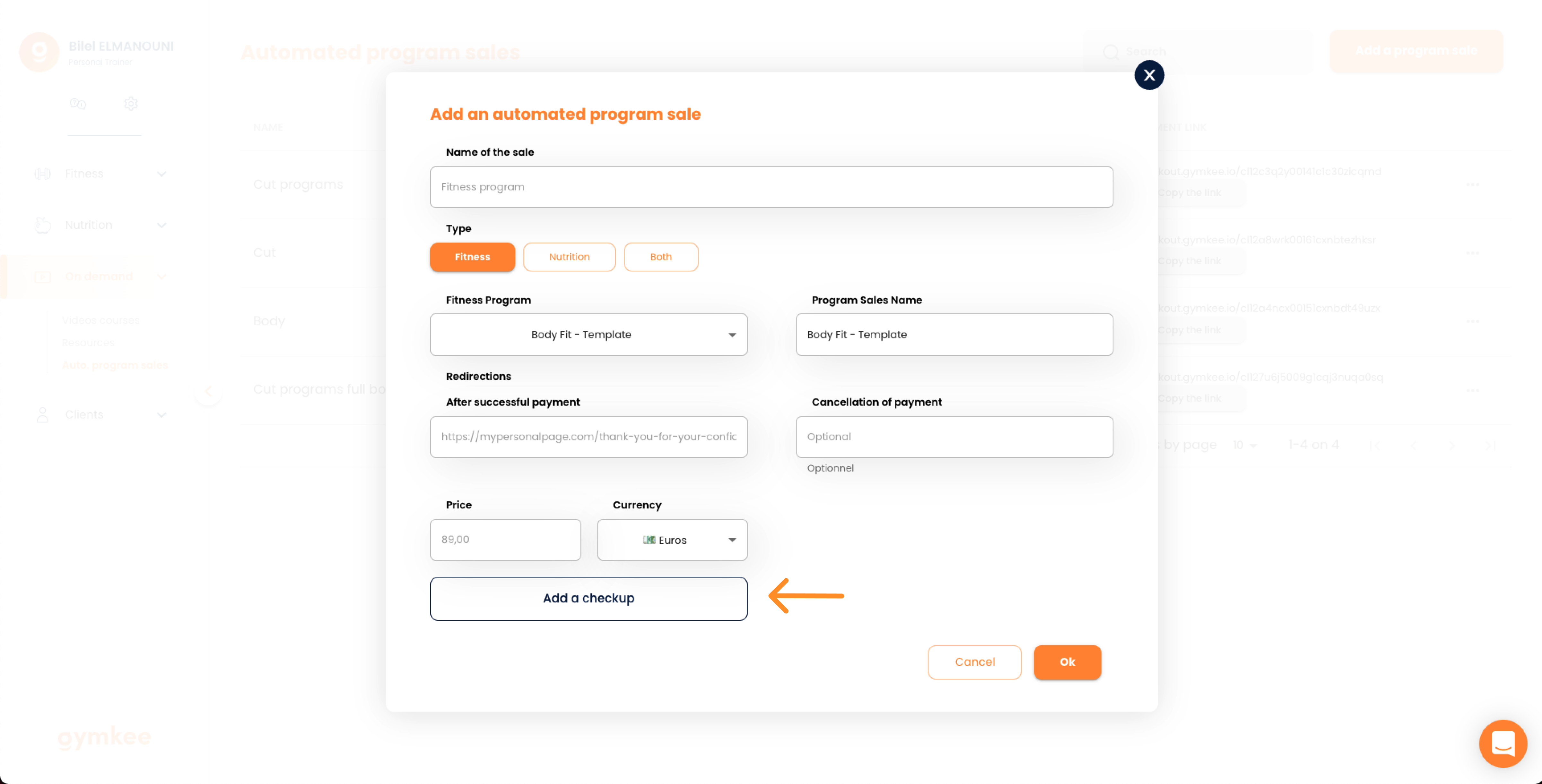Vendere programmi automatici su Gymkee — screenshot 10