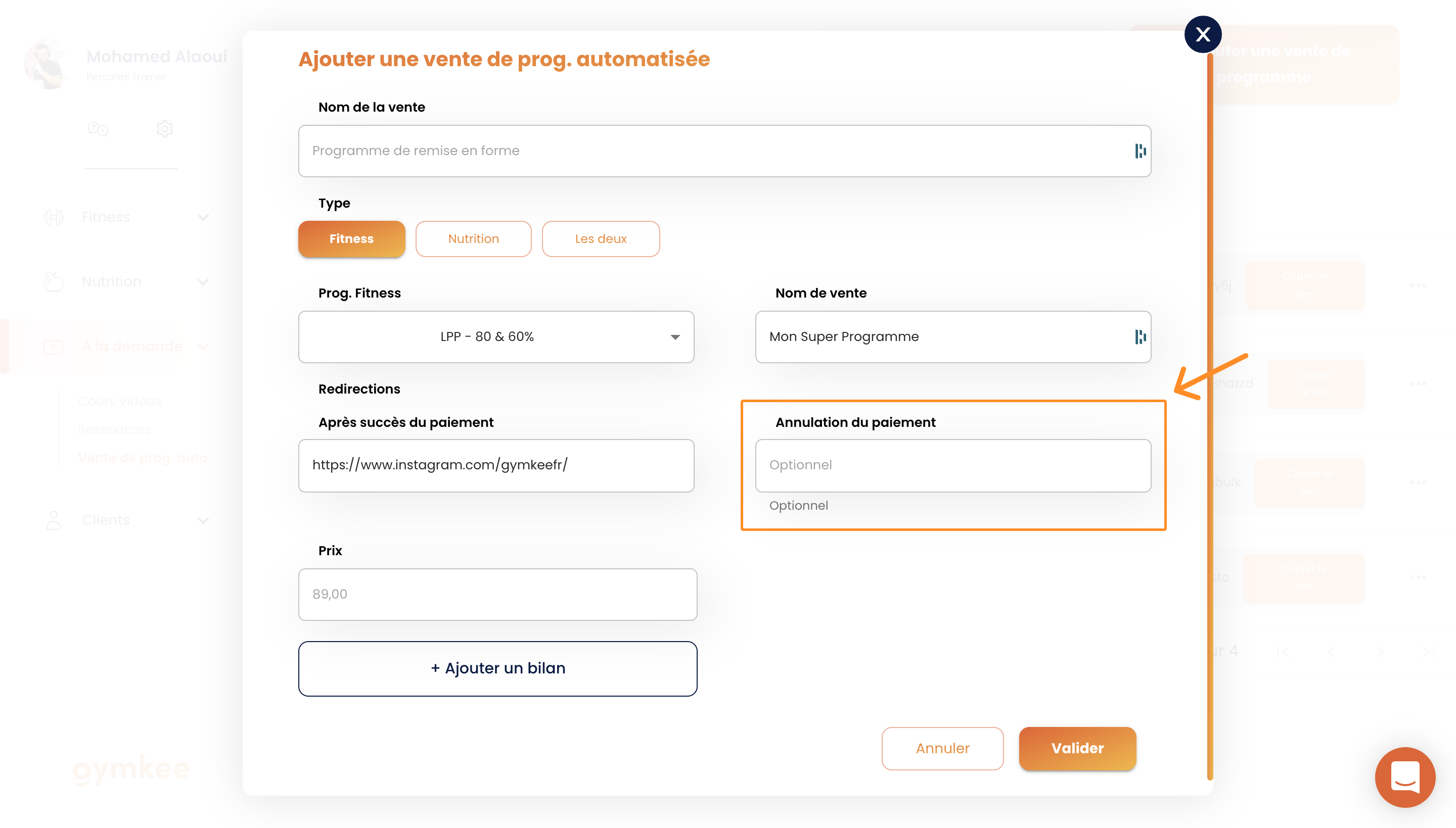 Vendre des programmes en automatique sur Gymkee — screenshot 8