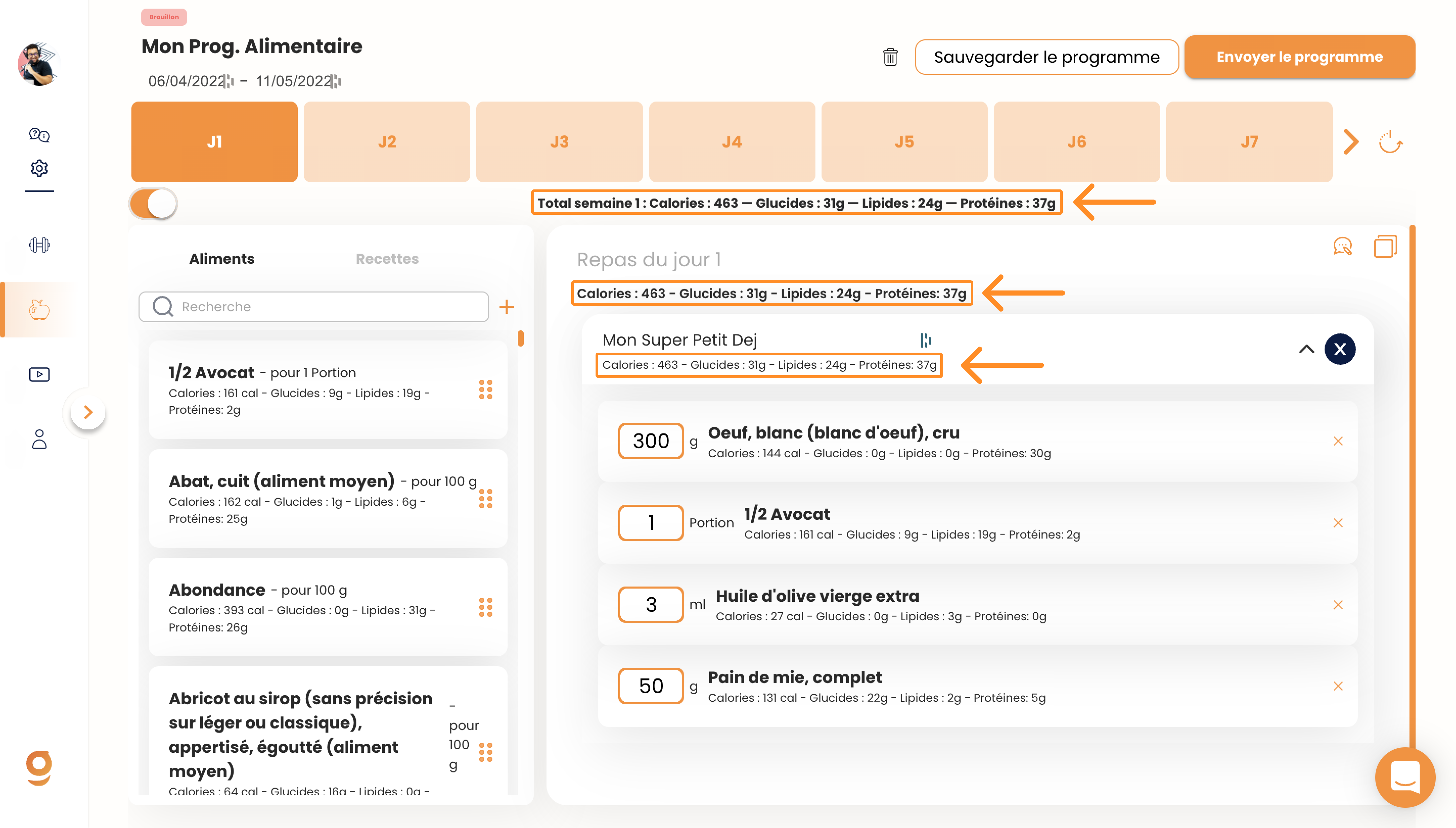 Créer un programme alimentaire sur Gymkee — screenshot 15