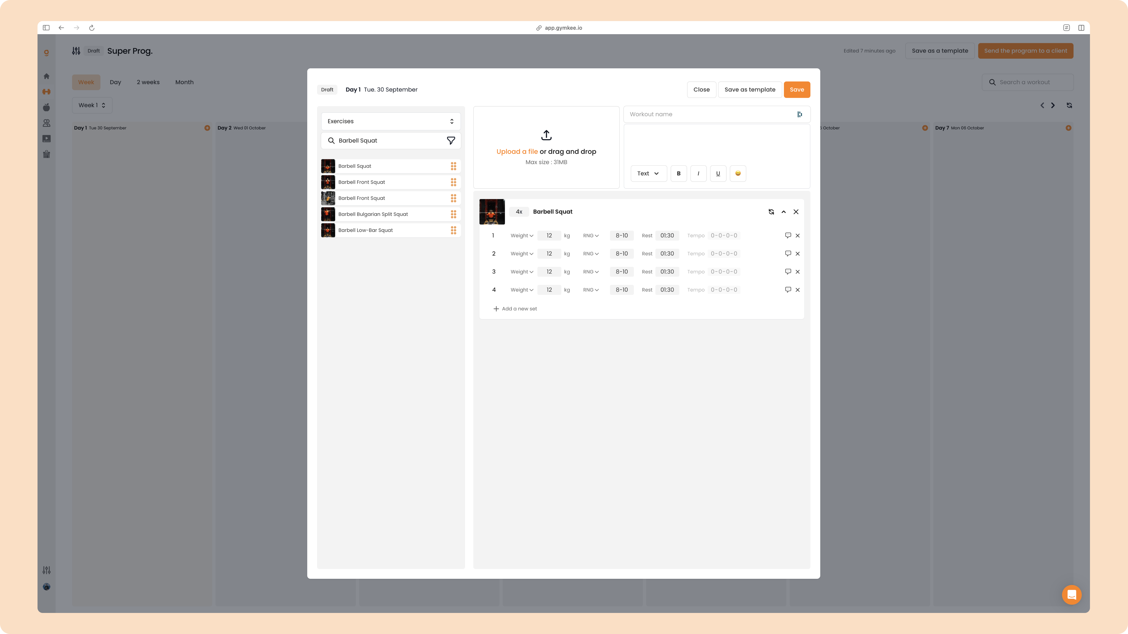 Het Gymkee cascade-effect in de workout programmabuilder — screenshot 4