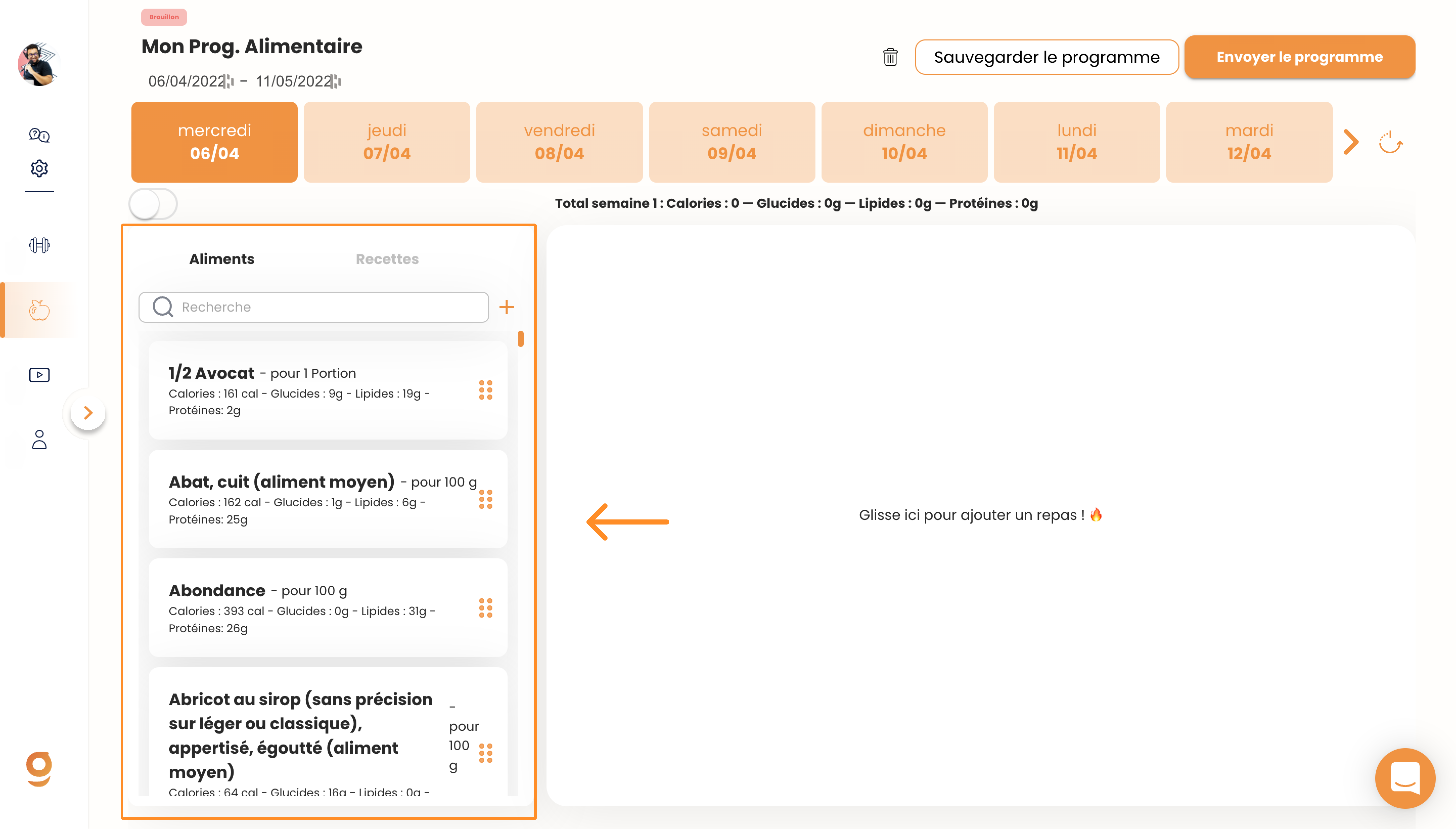Créer un programme alimentaire sur Gymkee — screenshot 10