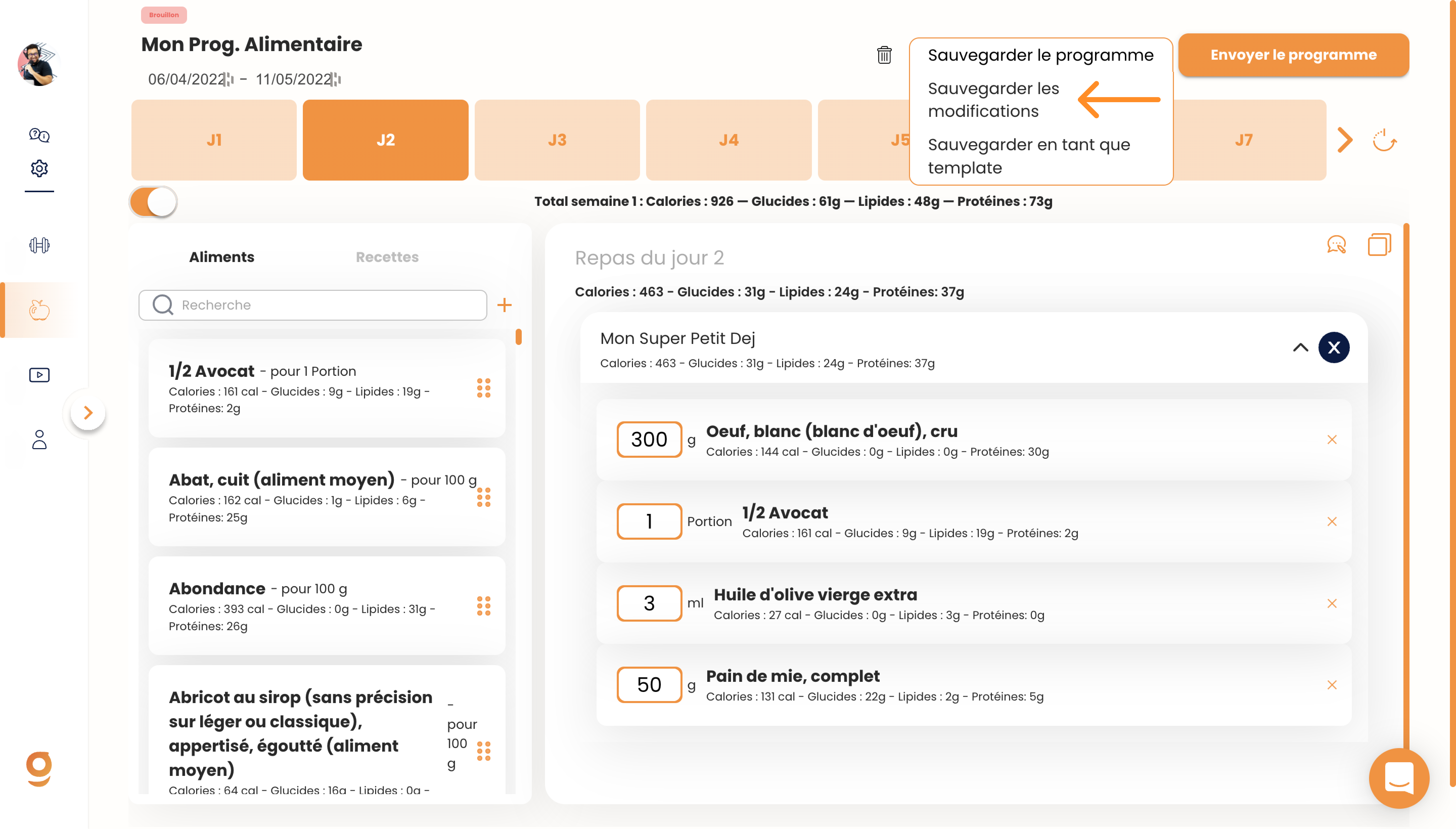Créer un programme alimentaire sur Gymkee — screenshot 19