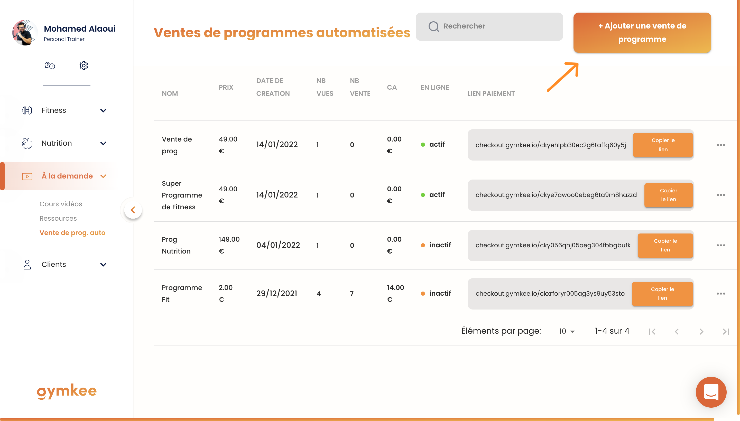 Vendre des programmes en automatique sur Gymkee — screenshot 2
