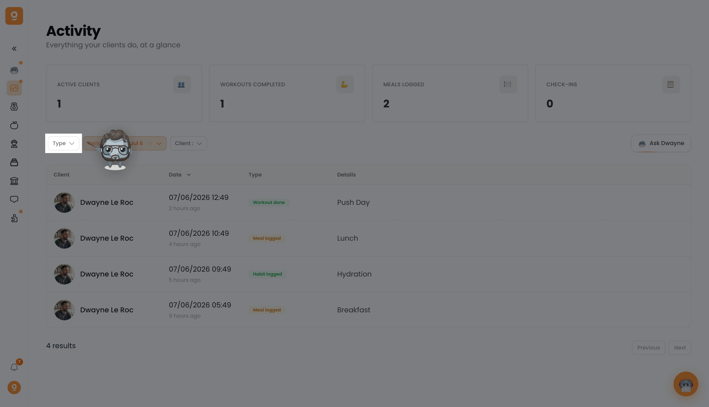 Filter by activity type