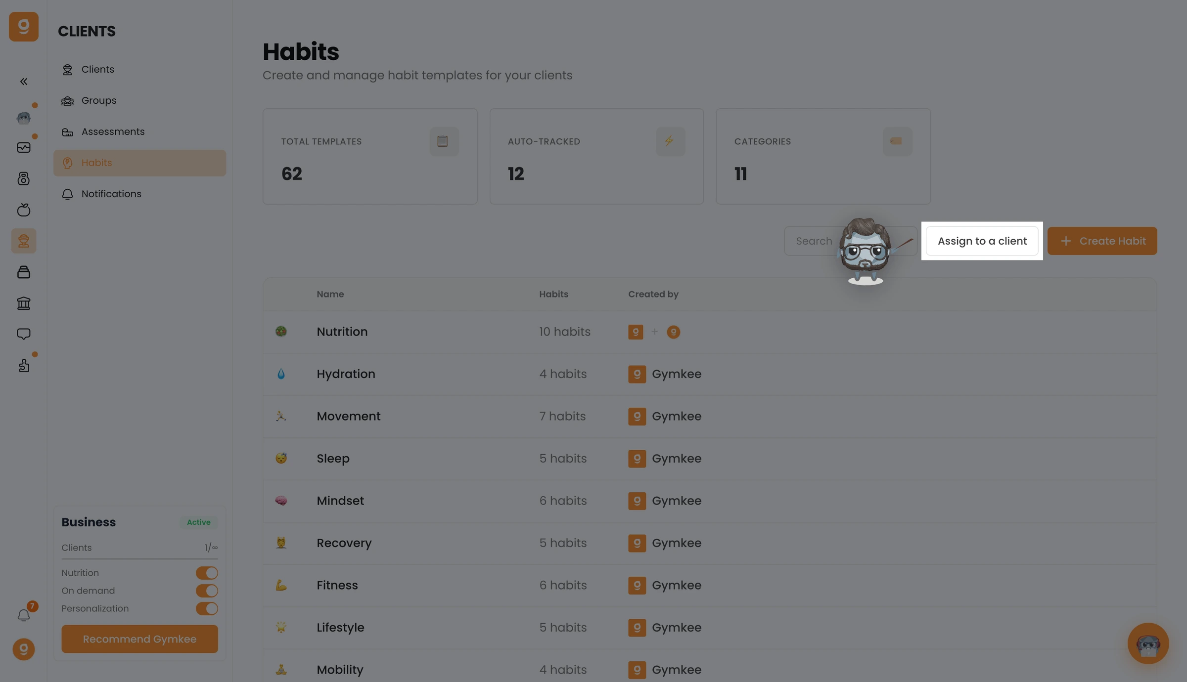Asignar hábitos a tus clientes en Gymkee — screenshot 1