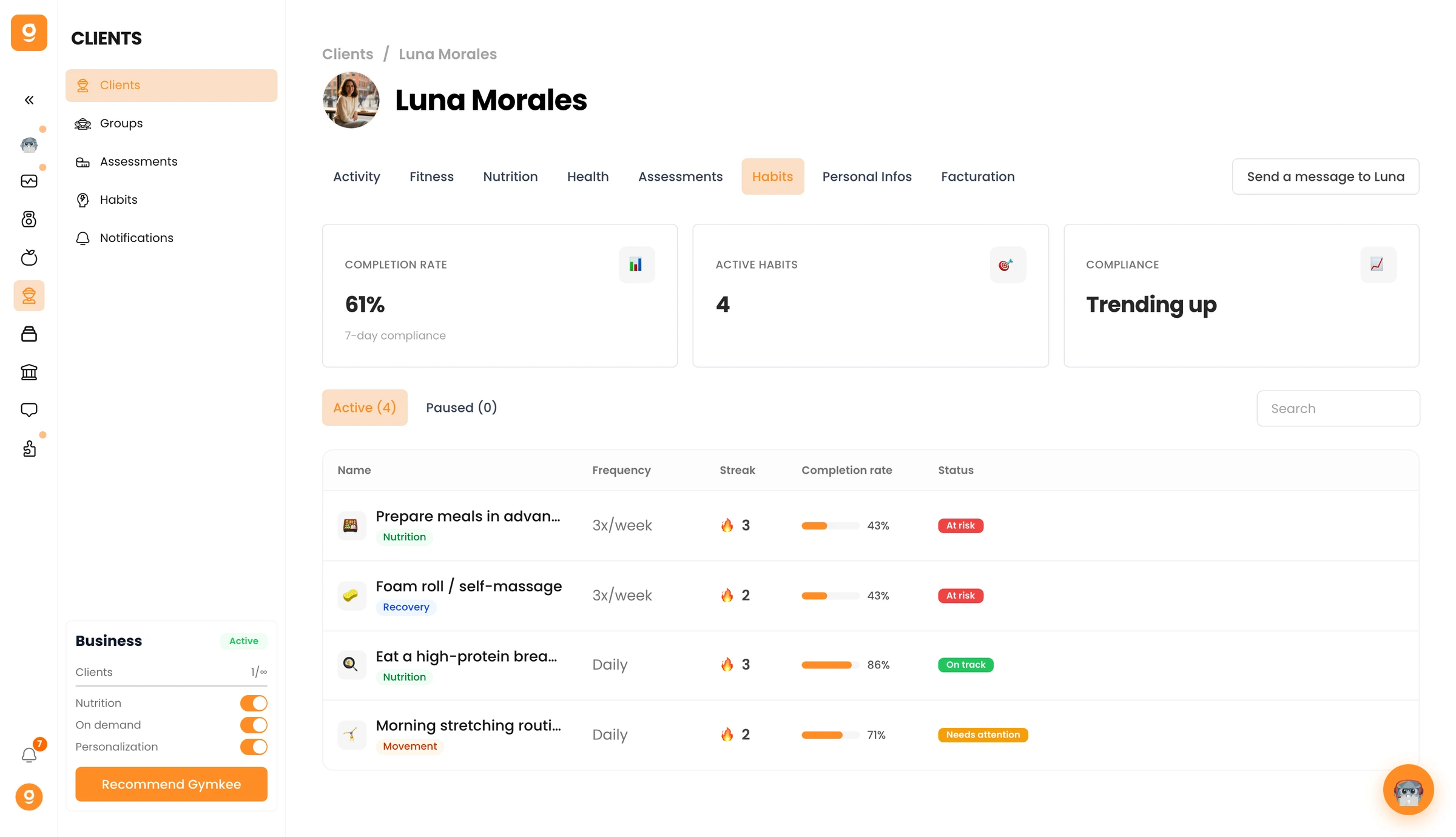 Monitor Client Habit Progress on Gymkee — screenshot 1