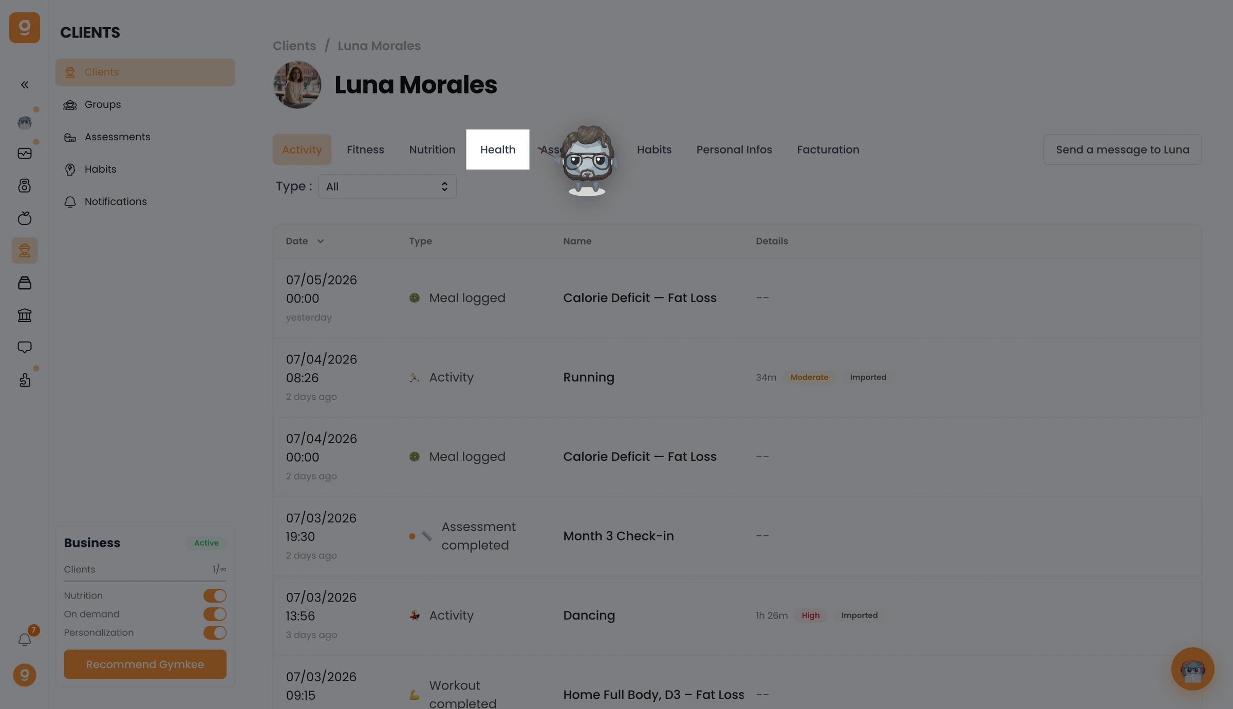 Understanding Client Health Data on Gymkee — screenshot 1