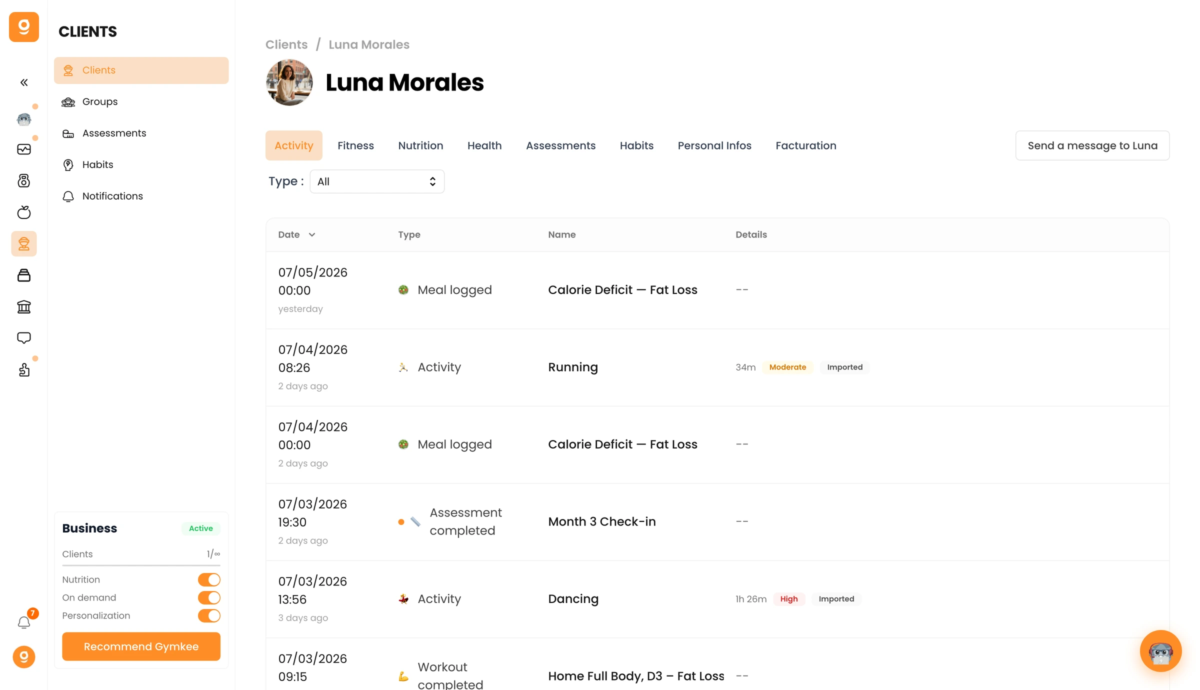 了解Gymkee上的客户卡路里数据 — screenshot 1