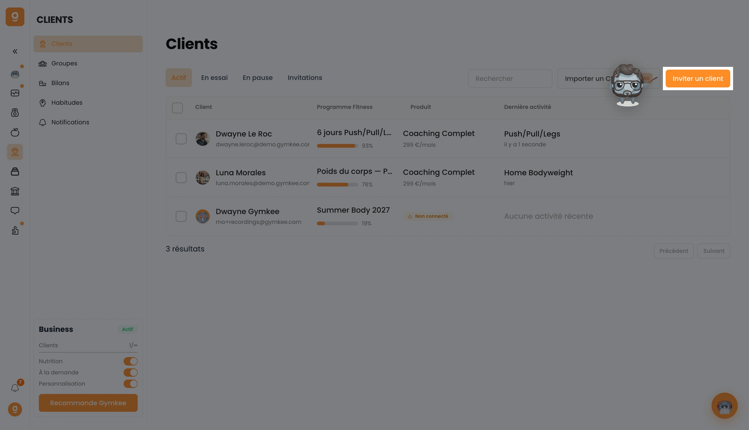 Invite un client depuis la liste Clients