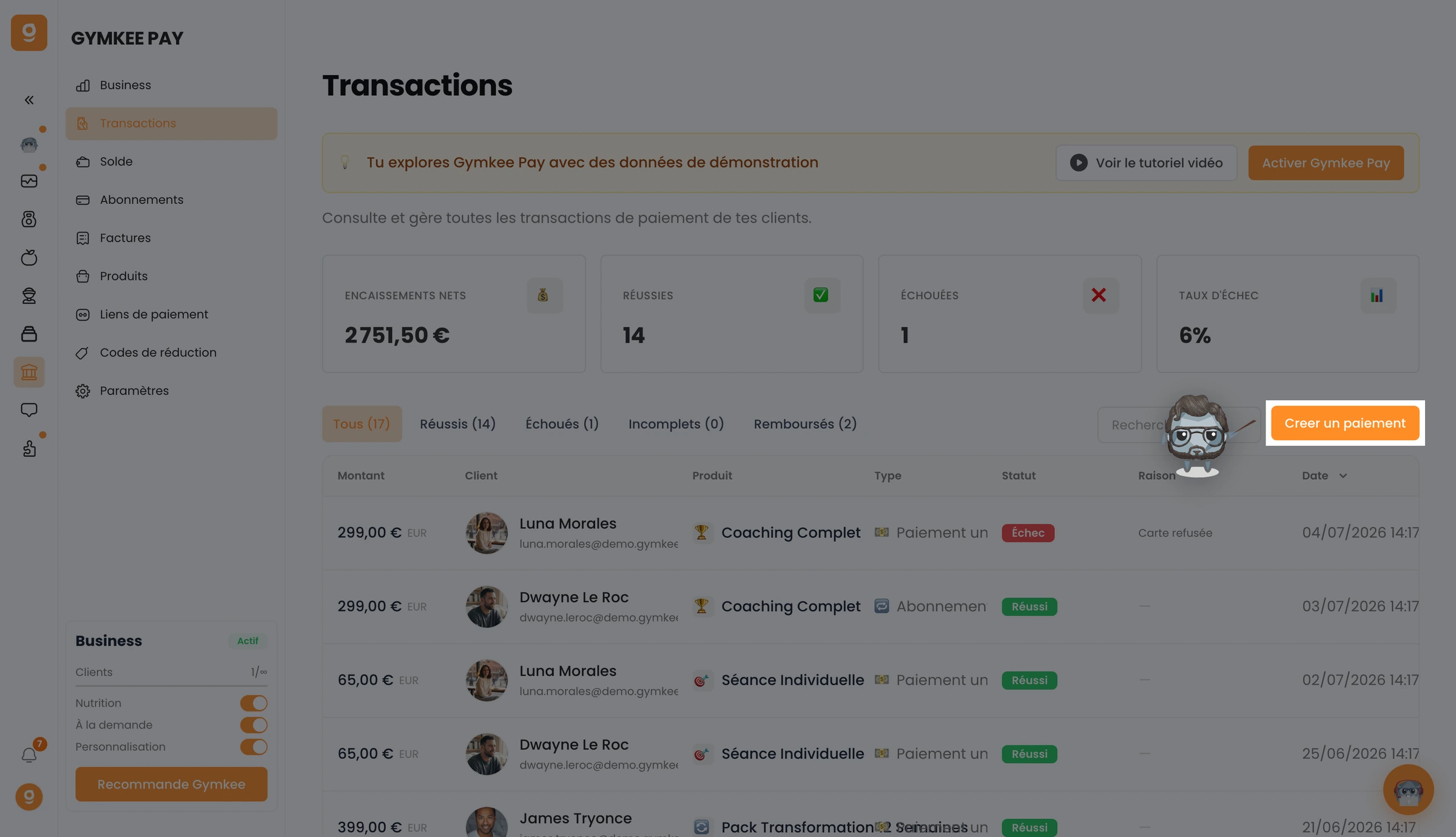 Encaisse un paiement depuis les Transactions