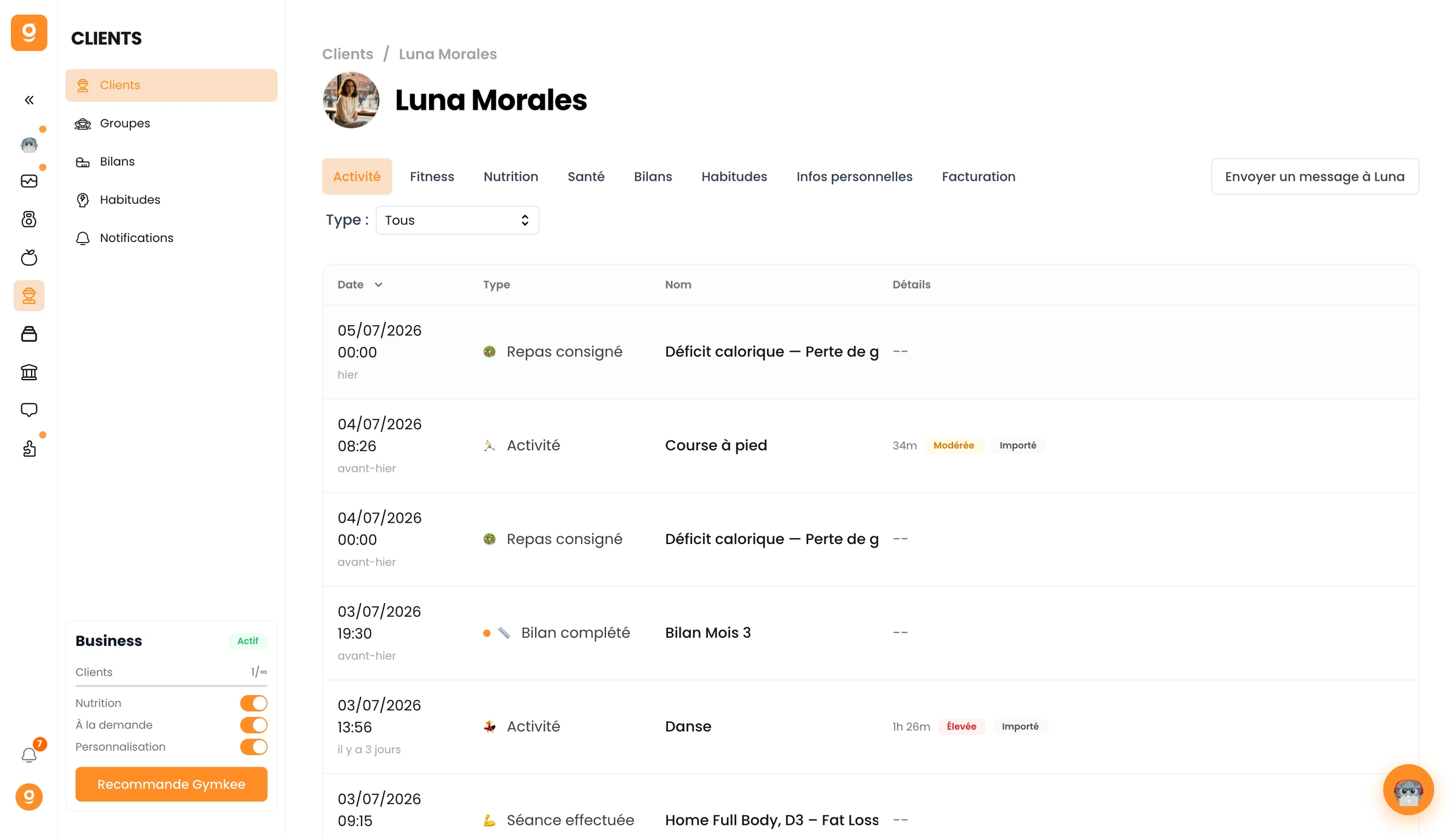 Voir les activités de tes clients sur Gymkee — screenshot 1