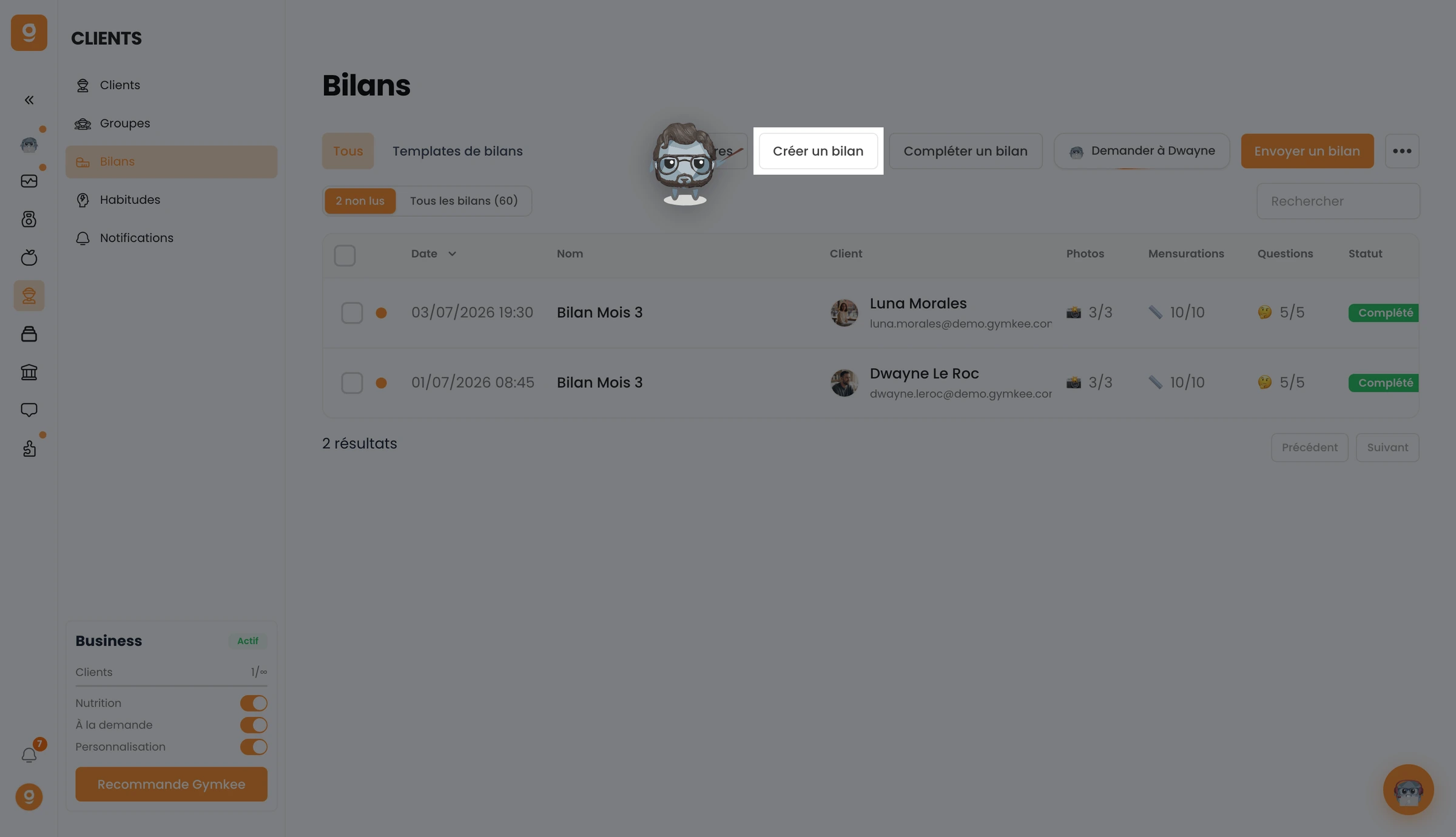 Créer et consulter les bilans sur Gymkee — screenshot 1