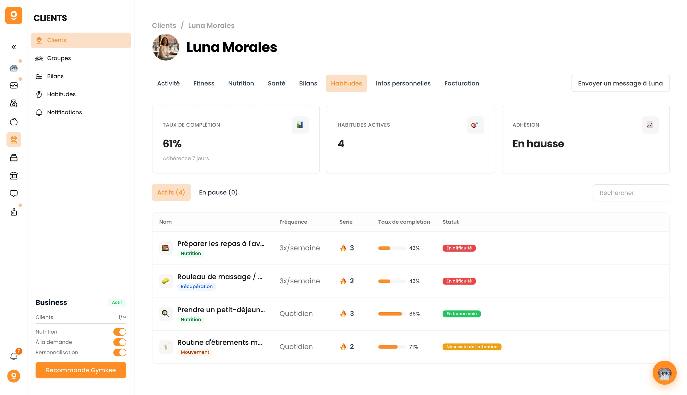 Gérer les habitudes assignées sur Gymkee (pause, reprise, suppression) — screenshot 1